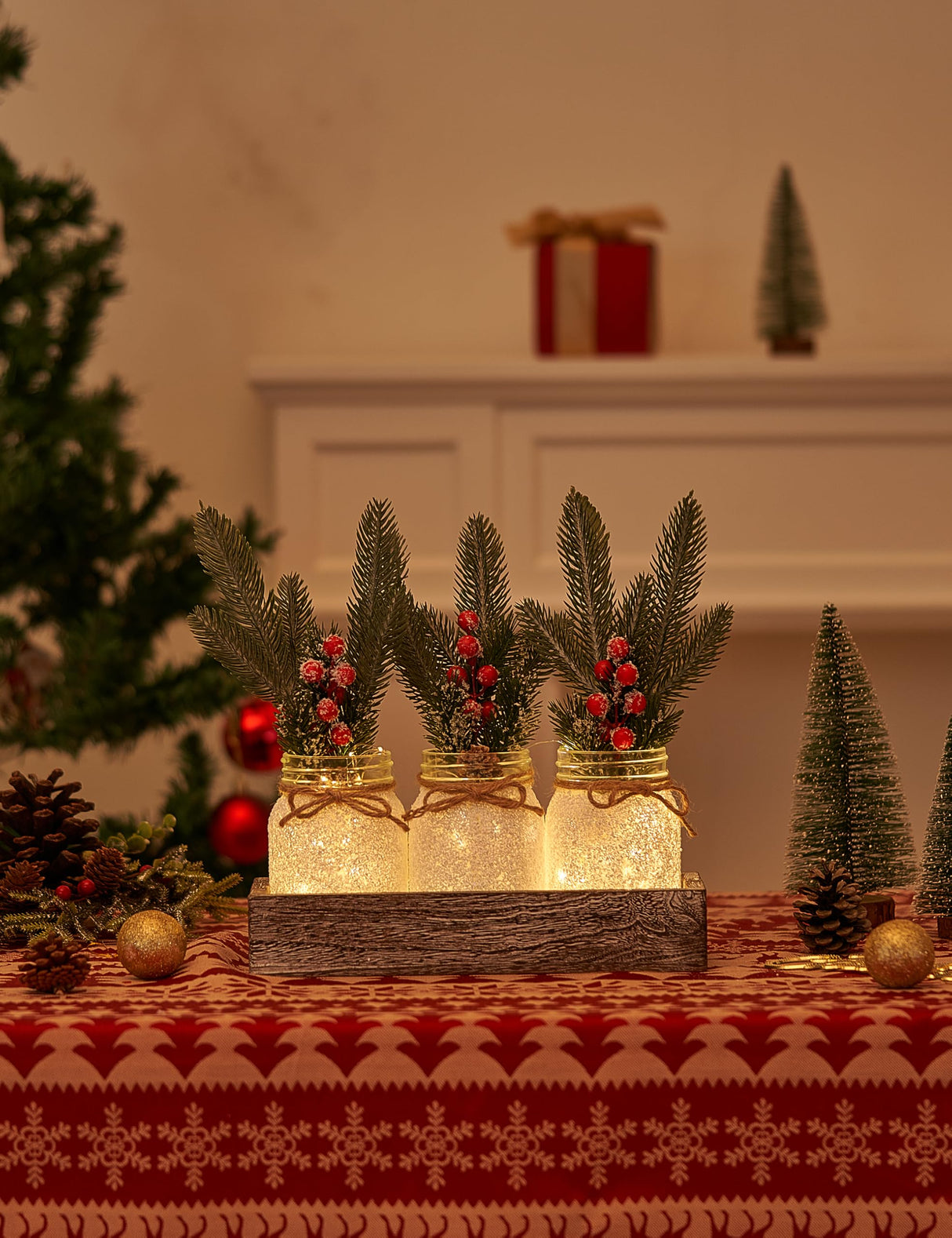 KIVIVO Christmas Centerpieces for Tables, Table Decor with Mason Jar, Flowers Picks, Farmhouse Wood Tray, 23 Pcs Christmas Winter Table Decorations Centerpieces, Xmas Holiday, Kitchen, Dining Decor KIVIVO