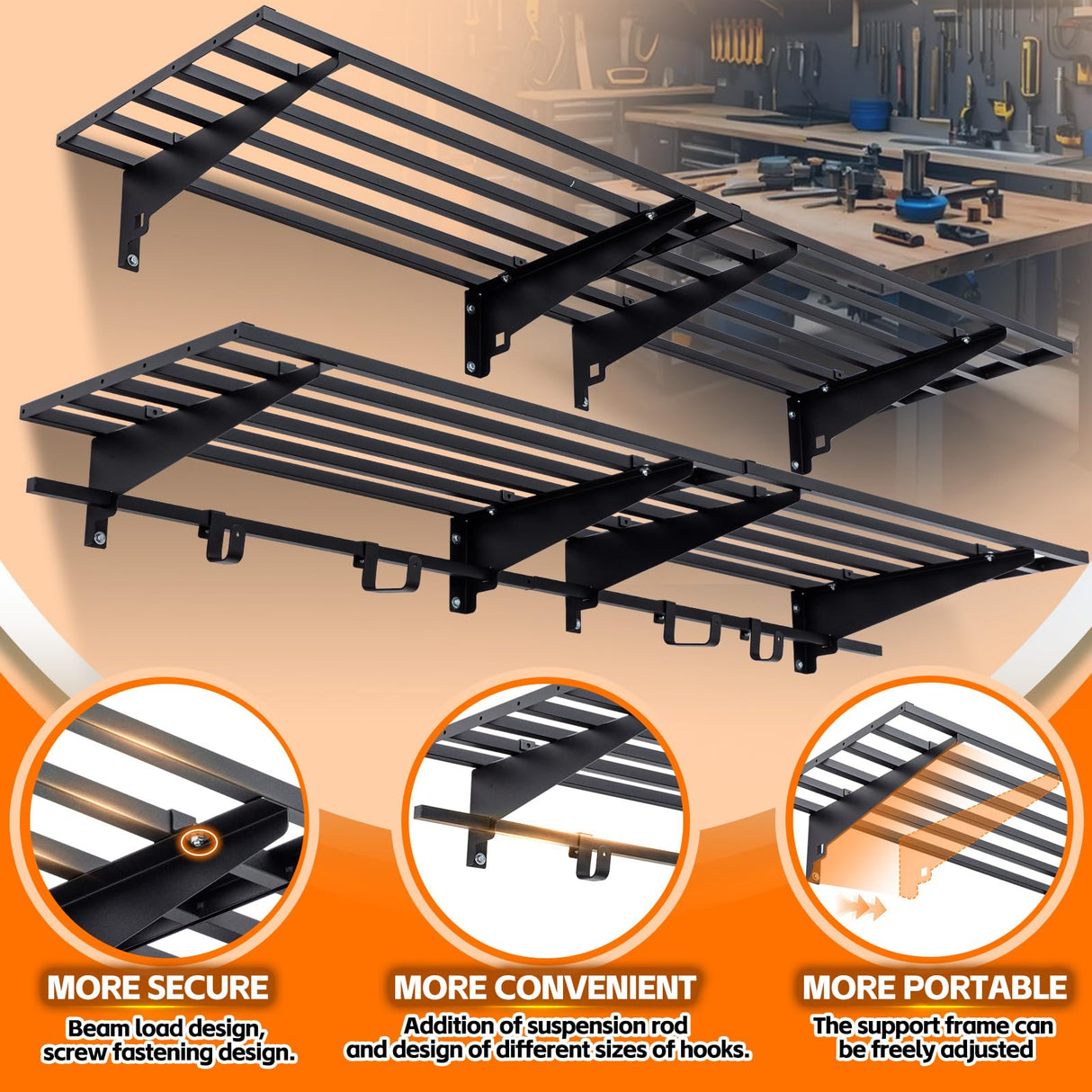 WAREYEASY Garage Wall Shelving with Hooks,2-Pack 1.64 x 6ft Garage Storage Rack,Loads 1050 lbs 20-inch-by-72-inch Heavy Duty Metal Wall Shelf,20” x 72” Garage Wall Shelves,Black WAREYEASY