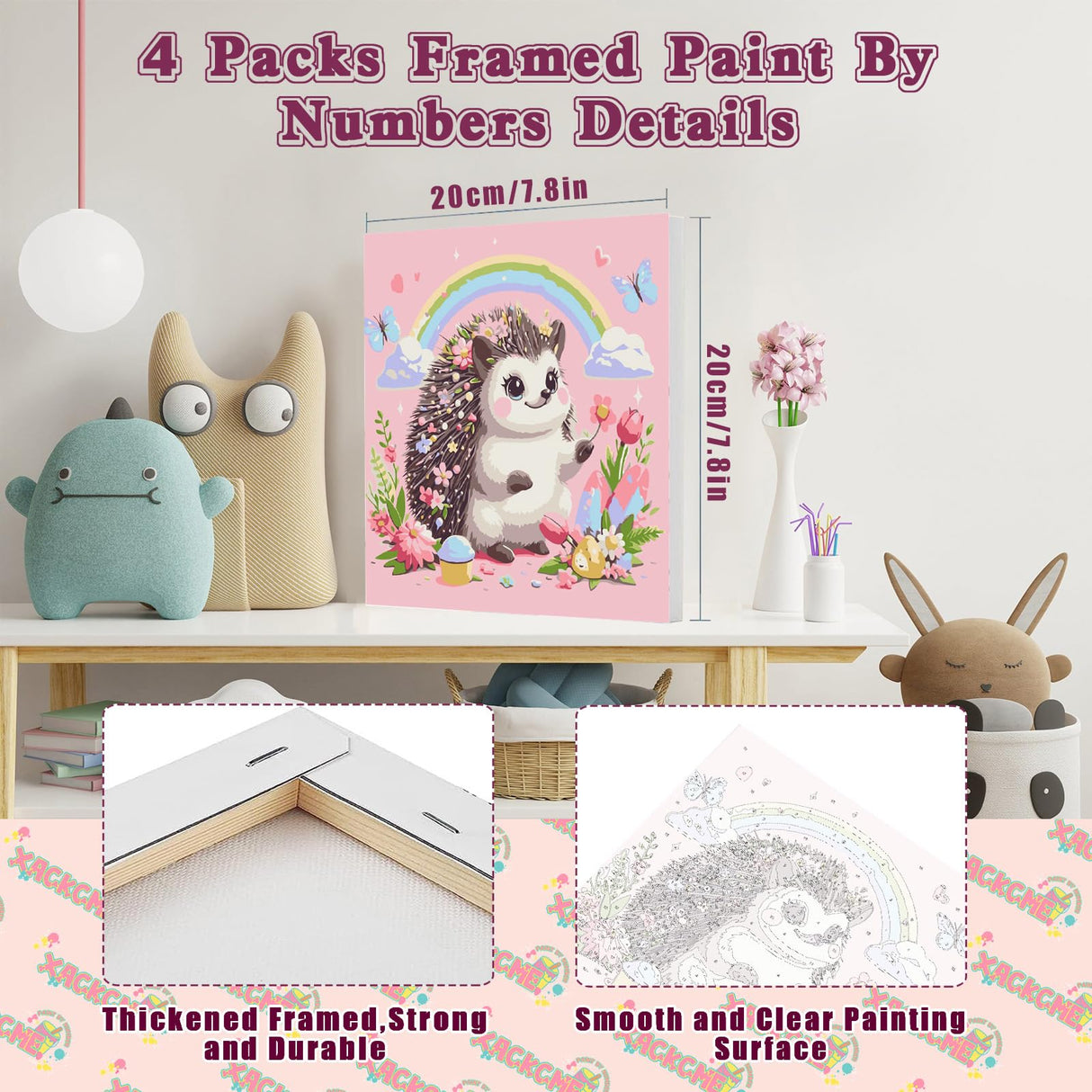 4 Pack Animal Paint by Number for Kids with Wooden Frame, Paint by Numbers for Kids Animals Ages 4-8-12, Easy Elephant Panda Bee Hedgehog DIY Acrylic Oil Painting Kits for Home Wall Decor (8X8 inch) xackcme
