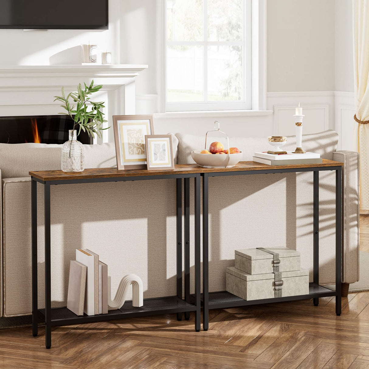 HOOBRO 29.5" Narrow Console Table, Small Entryway Table with Shelf, 2 Tier Thin Sofa Table, Side Table, Display Table, for Hallway, Living Room, Bedroom, Rustic Brown and Black BF74XG01 HOOBRO
