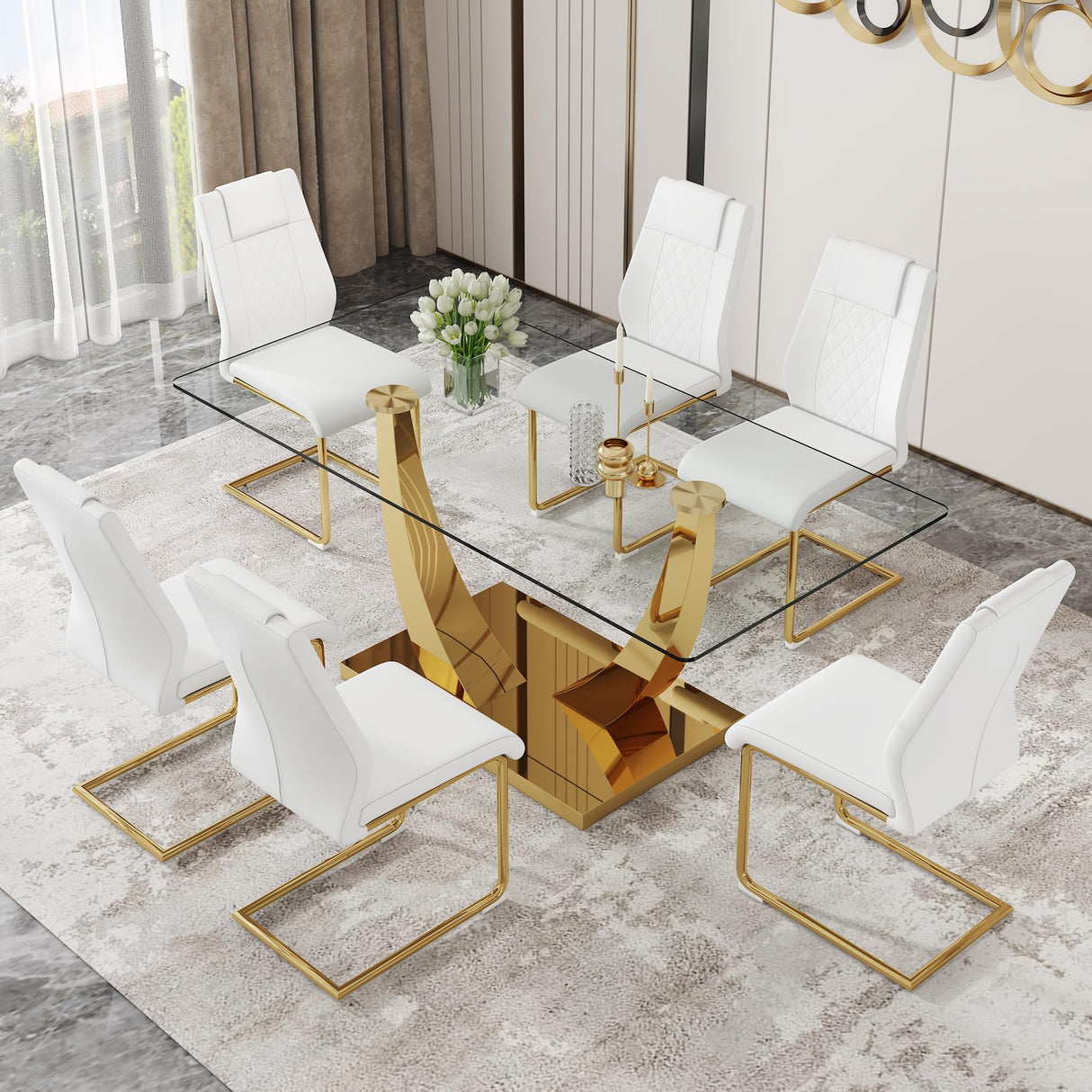 JEARGE Glass Dining Table Set for 6, Modern Kitchen Table Set for 6, 71" Tempered Glass Tabletop with U-Shaped Gold Base, 7 Ppiece Large Dining Room Table Set with White PU Leather Chairs JEARGE