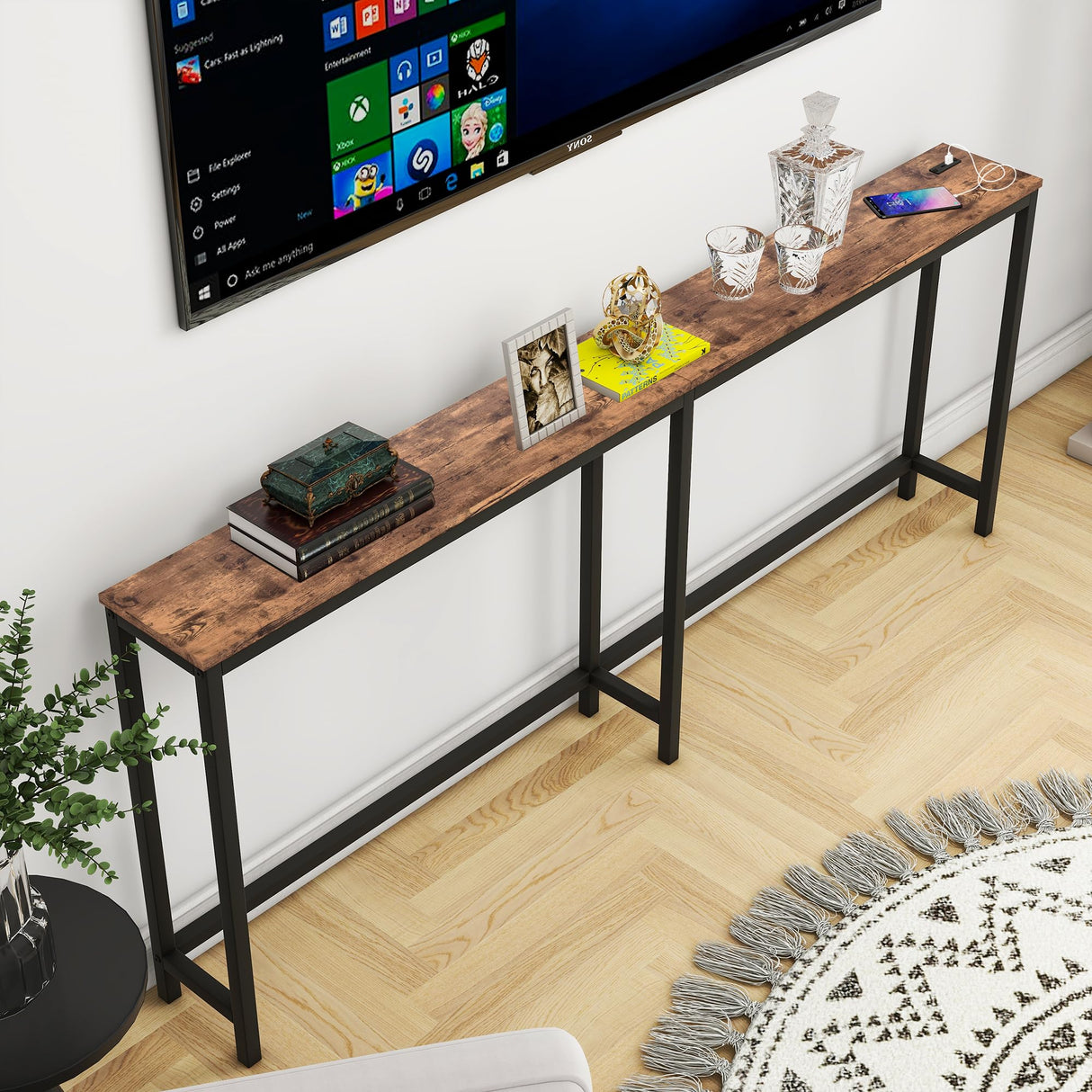 HOMERECOMMEND 70.8 Inch Console Table with USB Ports, Sofa Table with Charging Station, Narrow Entryway Table, Skinny Hallway Table,Rustic Brown HOMERECOMMEND