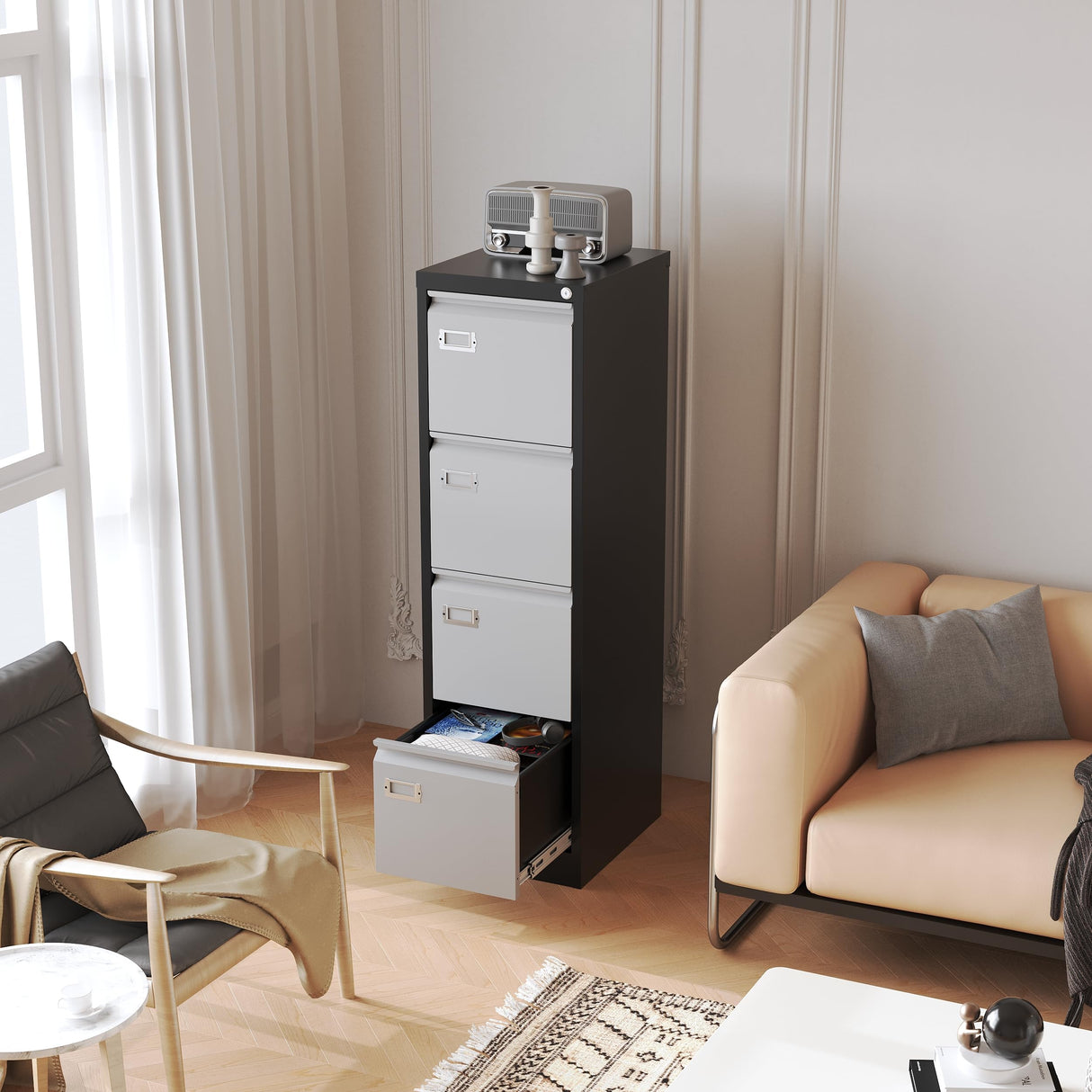 Fesbos File Cabinets - 4 Drawers Vertical 17.8" Deep Lockable Filing Cabinet - Black & Gray Metal Storage Cabinets for Home Office to Hanging Files Letter/Legal/F4/A4 Size Fesbos