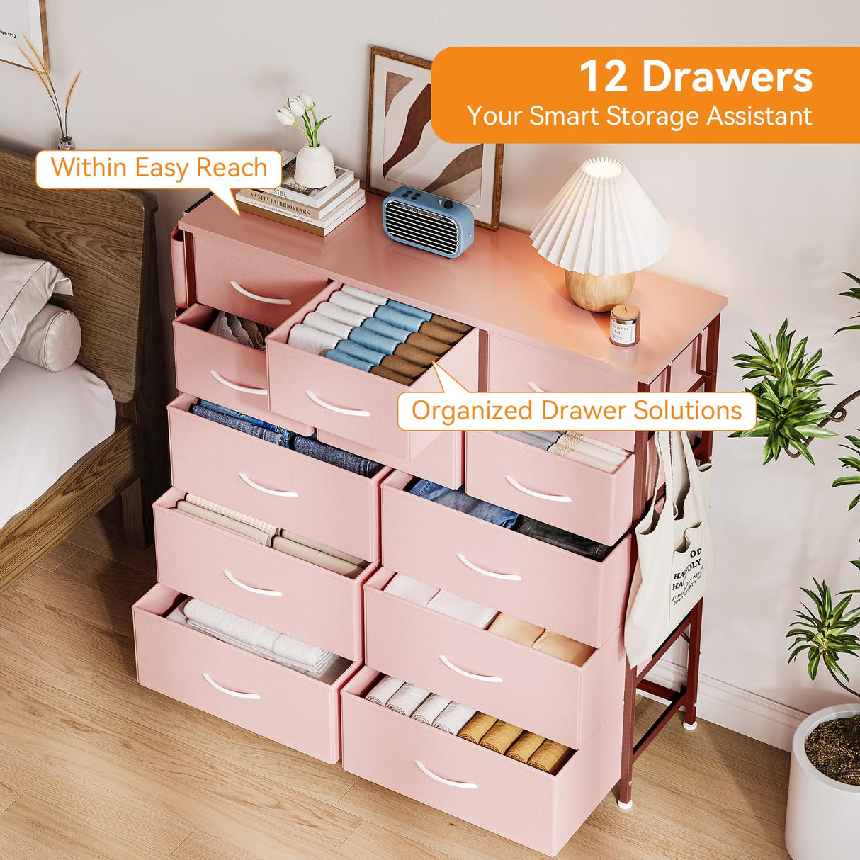 12 Dresser for Bedroom, Chest of Drawers for Bedroom with Side Pockets and Hooks, Fabric Storage Dresser, Sturdy Steel Frame, Wood Top, Easy Pull Handle (Pink) Jojoka