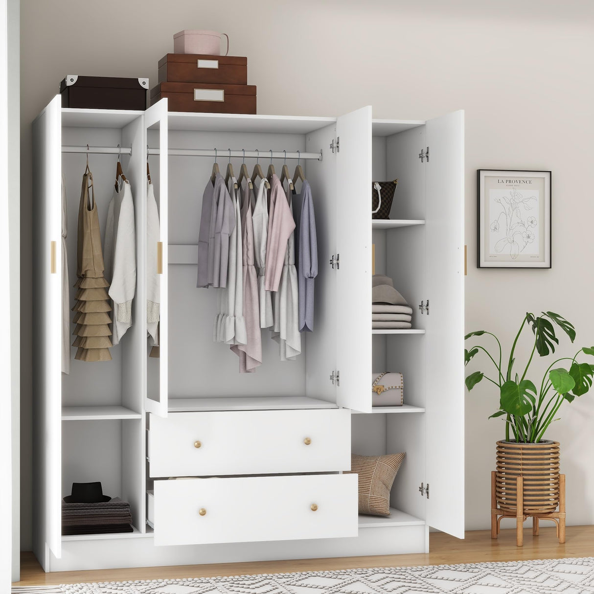 Panana Bedroom Armoires Wardrobe Closet with 4 Doors 2 Drawers and Mirror, Large Shelves Hanging Rods for Bedroom, 62.7" W x 19.7" D x 70.8" H Panana