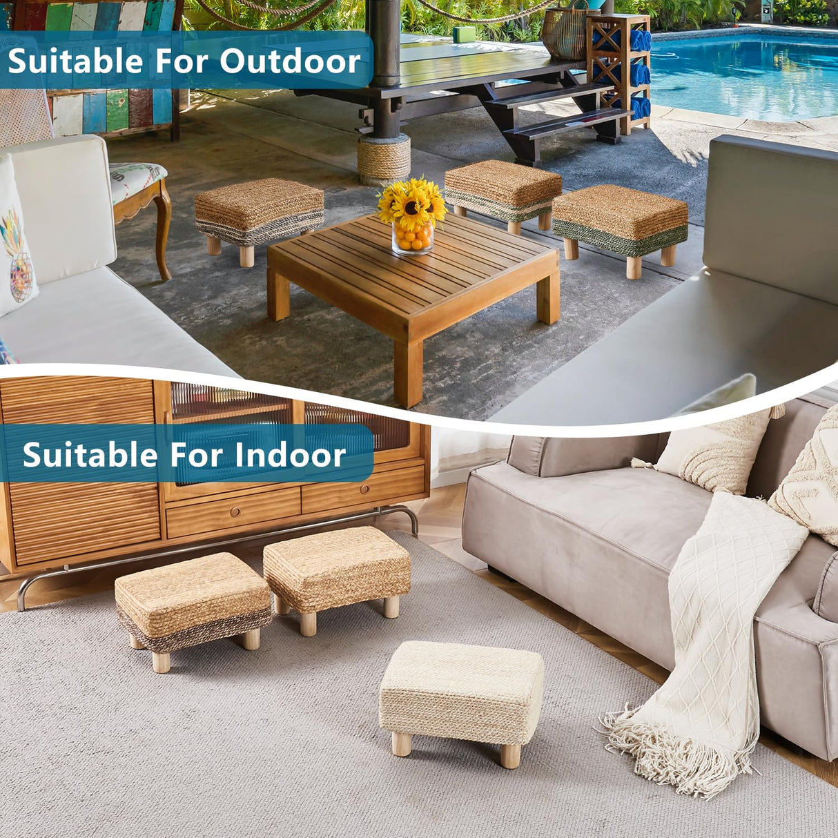 Wimarsbon Natural Seagrass Footstool Ottoman Rectangular Footrest Pouf Ottomans with Wooden Legs Hand Weave Step Stool for Living Room Bedroom Entryway Natural Wimarsbon