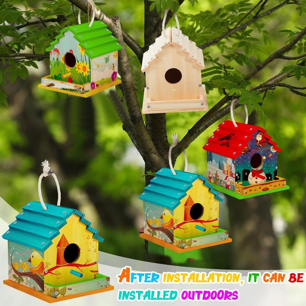 Juexica 4 Set DIY Birdhouse Kit Unfinished Bird House Painting Crafts for Kids with Paints and Paintbrushes Welcome Spring Gifts Outdoor Summer Crafts for Boy or Girl Ages 4-8 Juexica