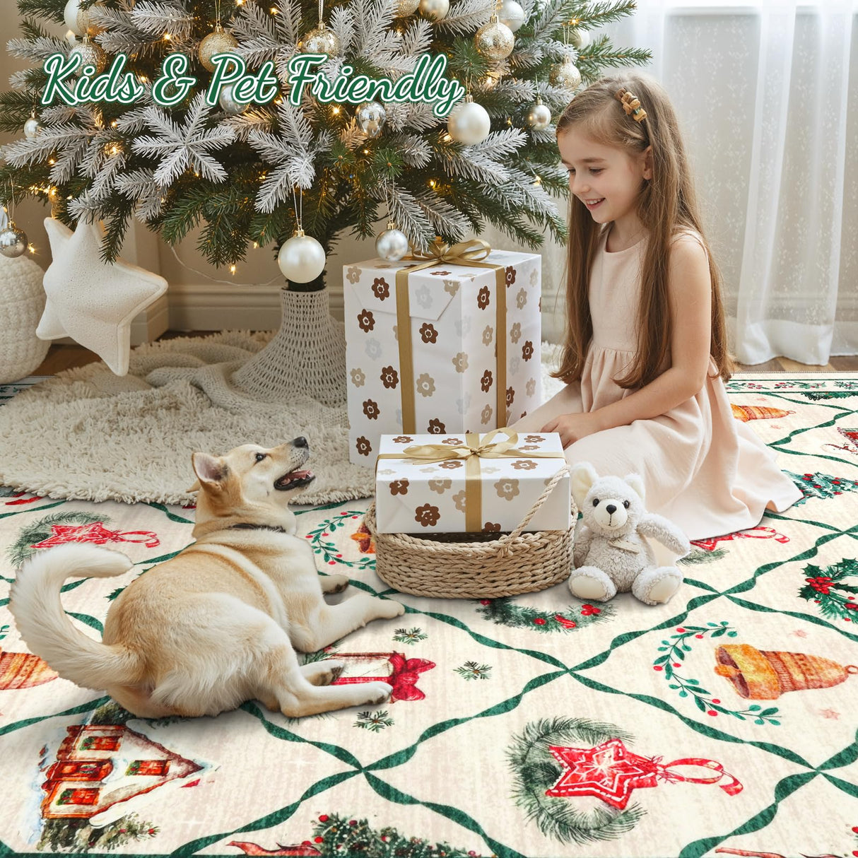 LIVEBOX Machine Washable Christmas Area Rug 5x7 - Moroccan Rug Thin Non-Slip Christmas Rugs for Living Room Bedroom,Large Neutral Low-Pile Green Rugs for Dining Room Office, Beige/Green LIVEBOX