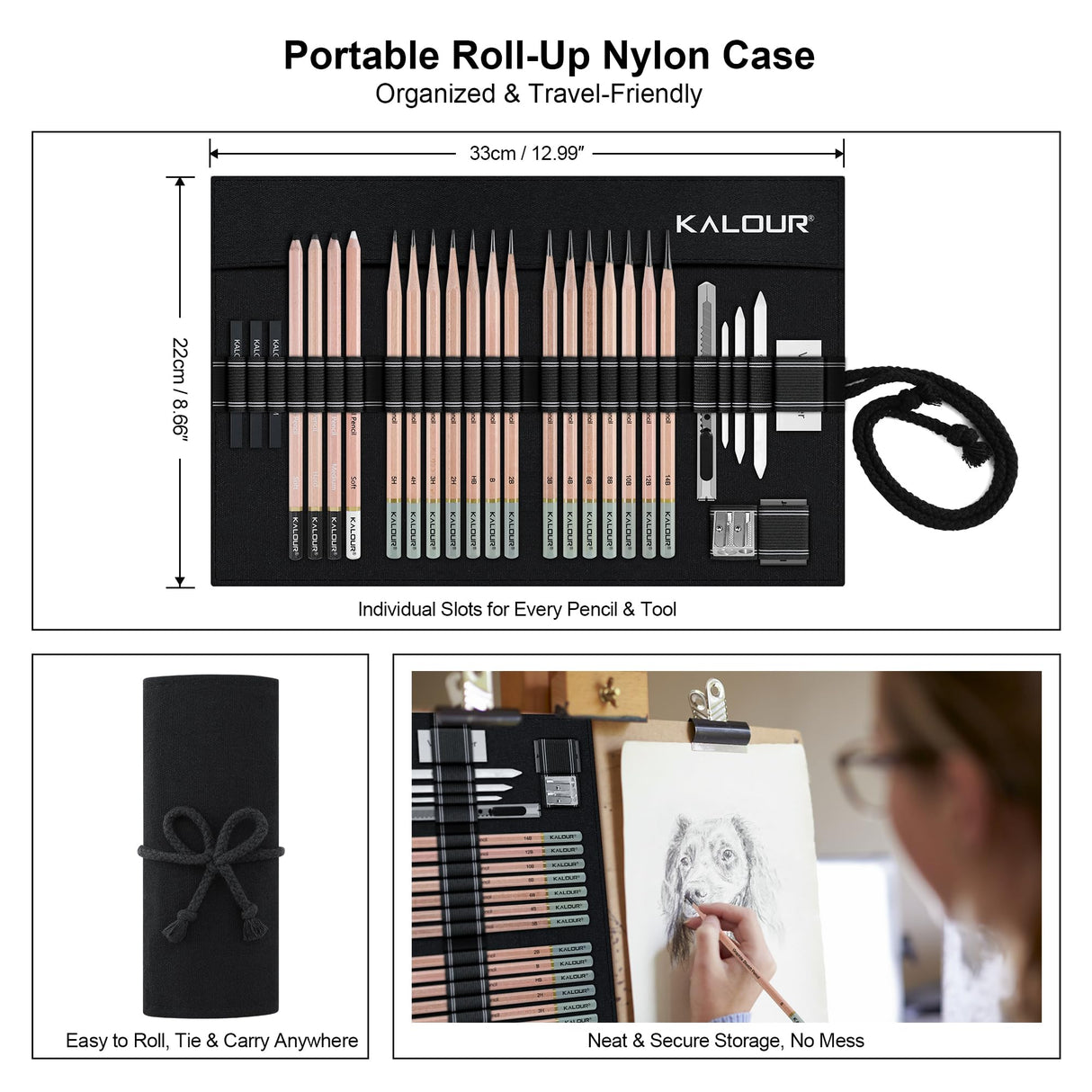 KALOUR 29 Pro Sketching Drawing Pencils Set with Roll-Up Nylon Case – 14 Graphite Pencils (14B–5H), Charcoal Pencils, Erasers, Sharpener & Stumps – Complete Art Kit for Artists & Beginner KALOUR
