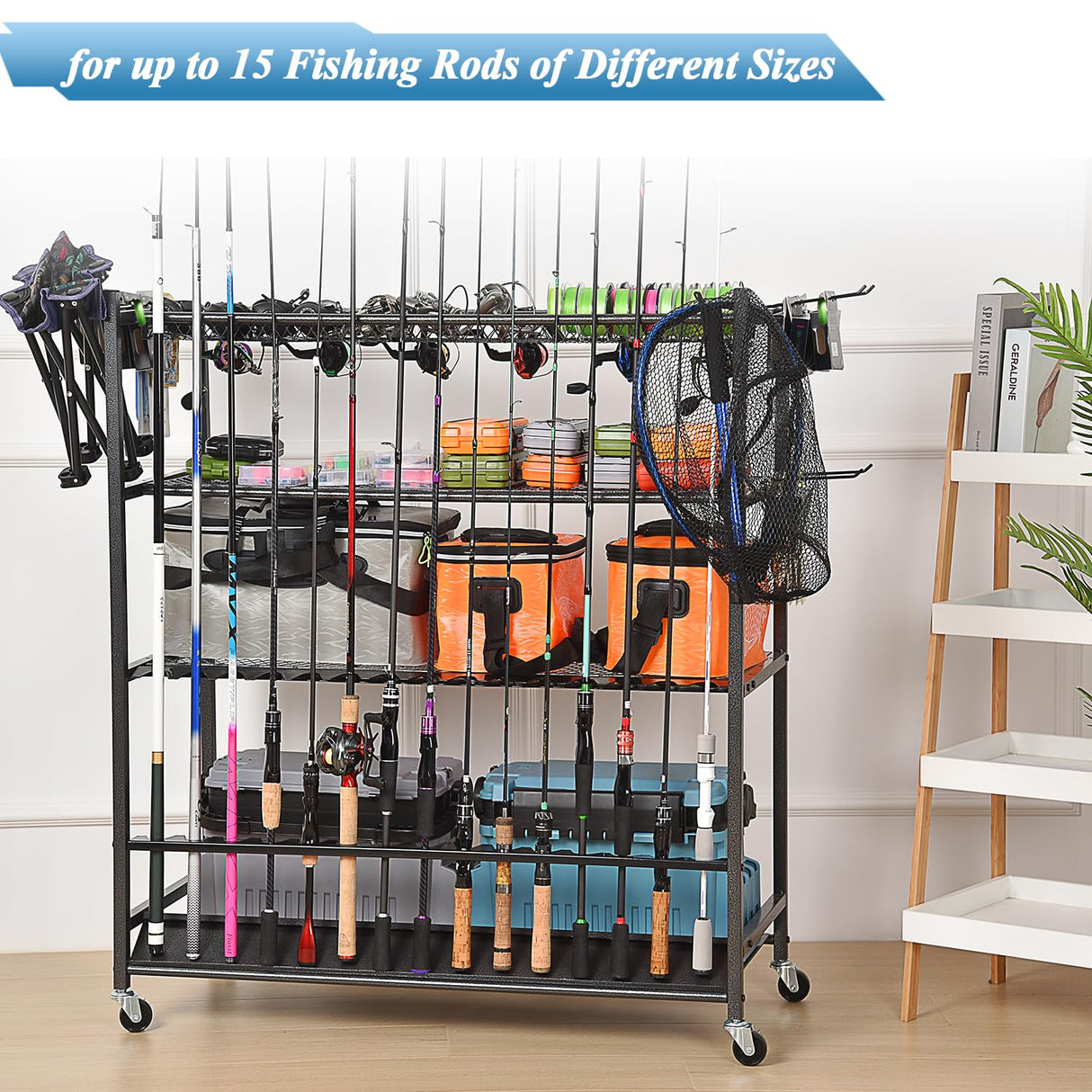 Bknius Fishing Rod Holder for Garage for 15 Rods, Fishing Pole Holders for Fishing Gear Storage Organizer, Fish Rod Rack Basement, Metal Black with Big Wheels, 4-Tier Bknius