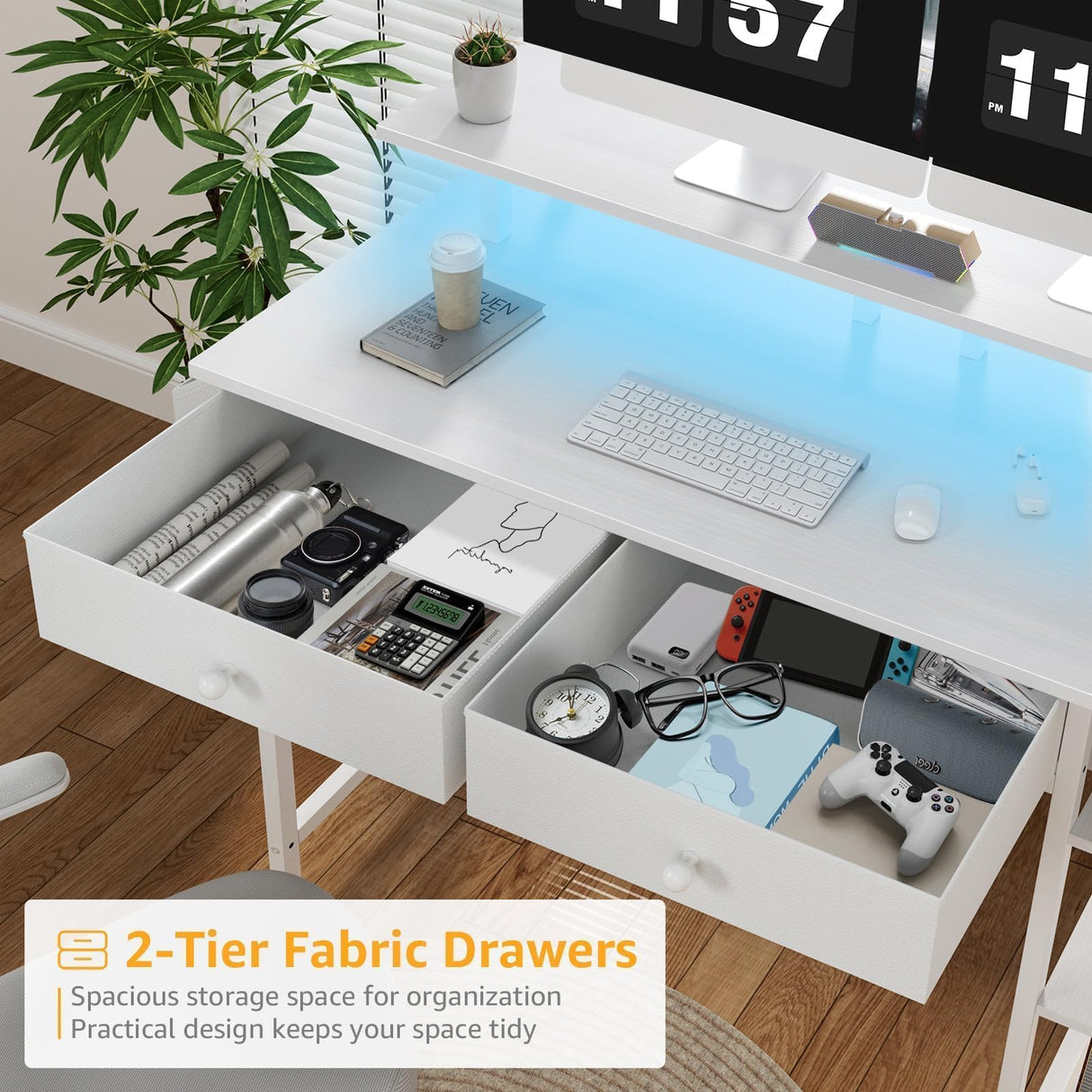 White Computer Desk with Shelves and Drawers - 47 Inch Home Office Desk with Drawers and Shelves, Small White Desk with Shelves, Computer Desk with Monitor Stand, RGB Gaming Desk with Power Outlet DLisiting