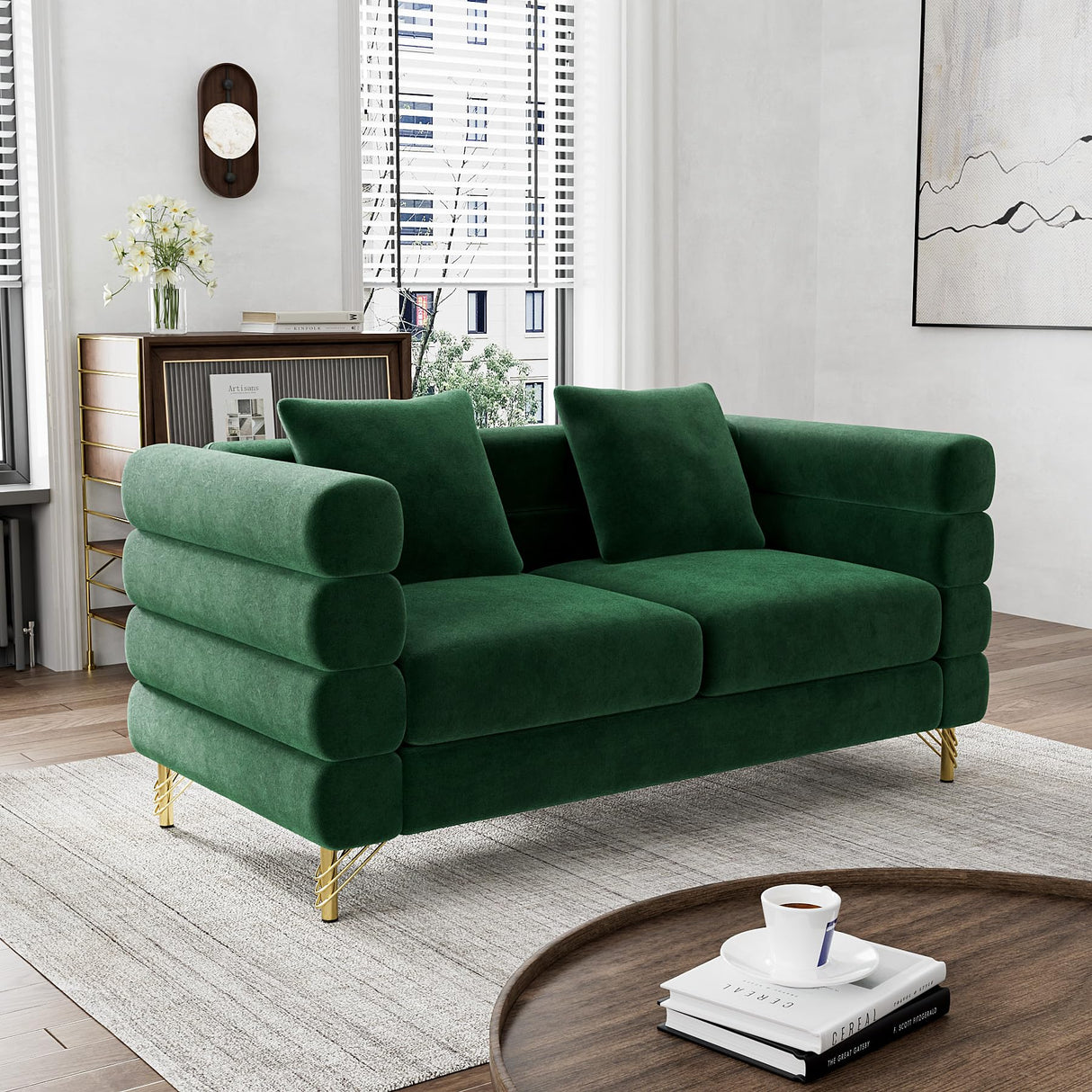 Wrofly Cloud Couch for Living Room, 59" Modern Overstuffed Deep Seat Velvet Loveseat Sofa with 2 Pillows, Comfy Upholstered 2 Seater Love Seat for Bedroom Office, Emerald Green Velvet Wrofly