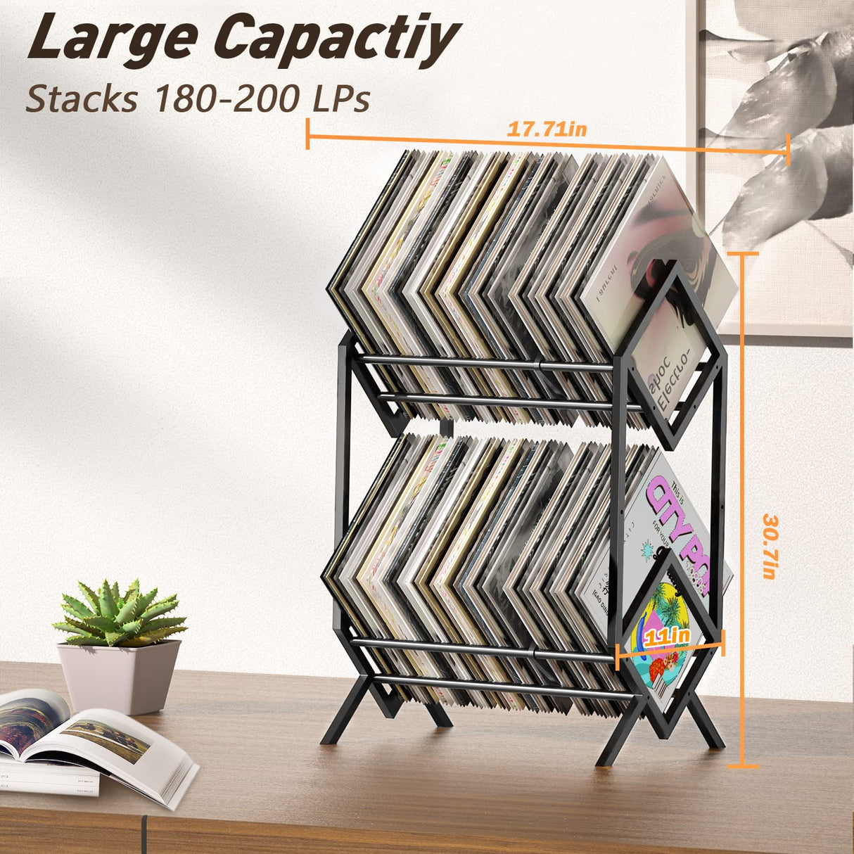 RUILALIFE 2-Tier-Vinyl-Record-Storage-Holder With Dividers, 200 LPs Albums Storage Rack Shelf, Steel Music Records Display Shelf Organizer For Book, Magazine, Files,Matte Black RUILALIFE