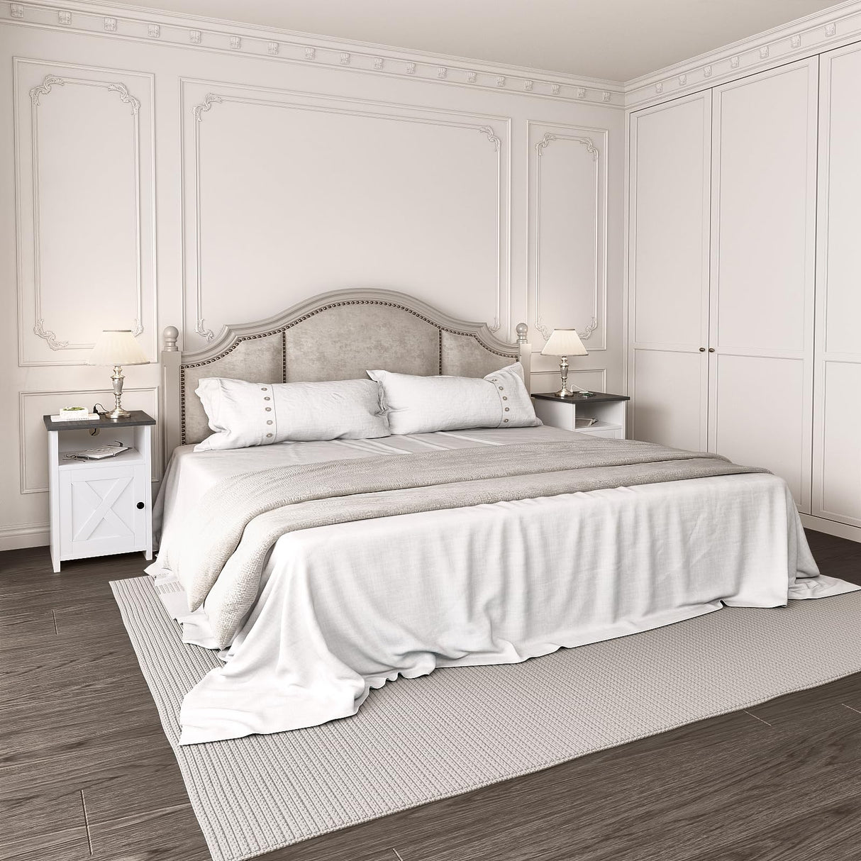 AURINEST Farmhouse Night Stand Set of 2 with Charging Station, End Tables with USB Ports&Power Outlets, Rustic Bed Side Table with Barn Door and Shelf for Living Room, Bedroom, Small Spaces, White AURINEST