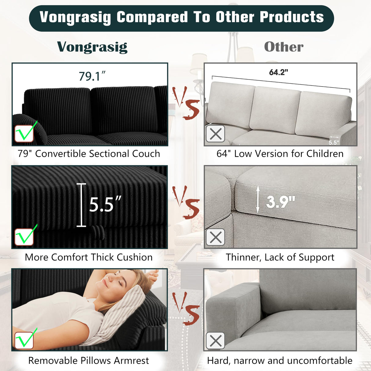 Vongrasig 79" Convertible Sectional Couch Sofa with Storage Ottoman, 3 Seat L Shaped Couch with Side Storage Pockage, Linen Fabric Small Couches for Living Room, Apartment and Small Space, Black Vongrasig