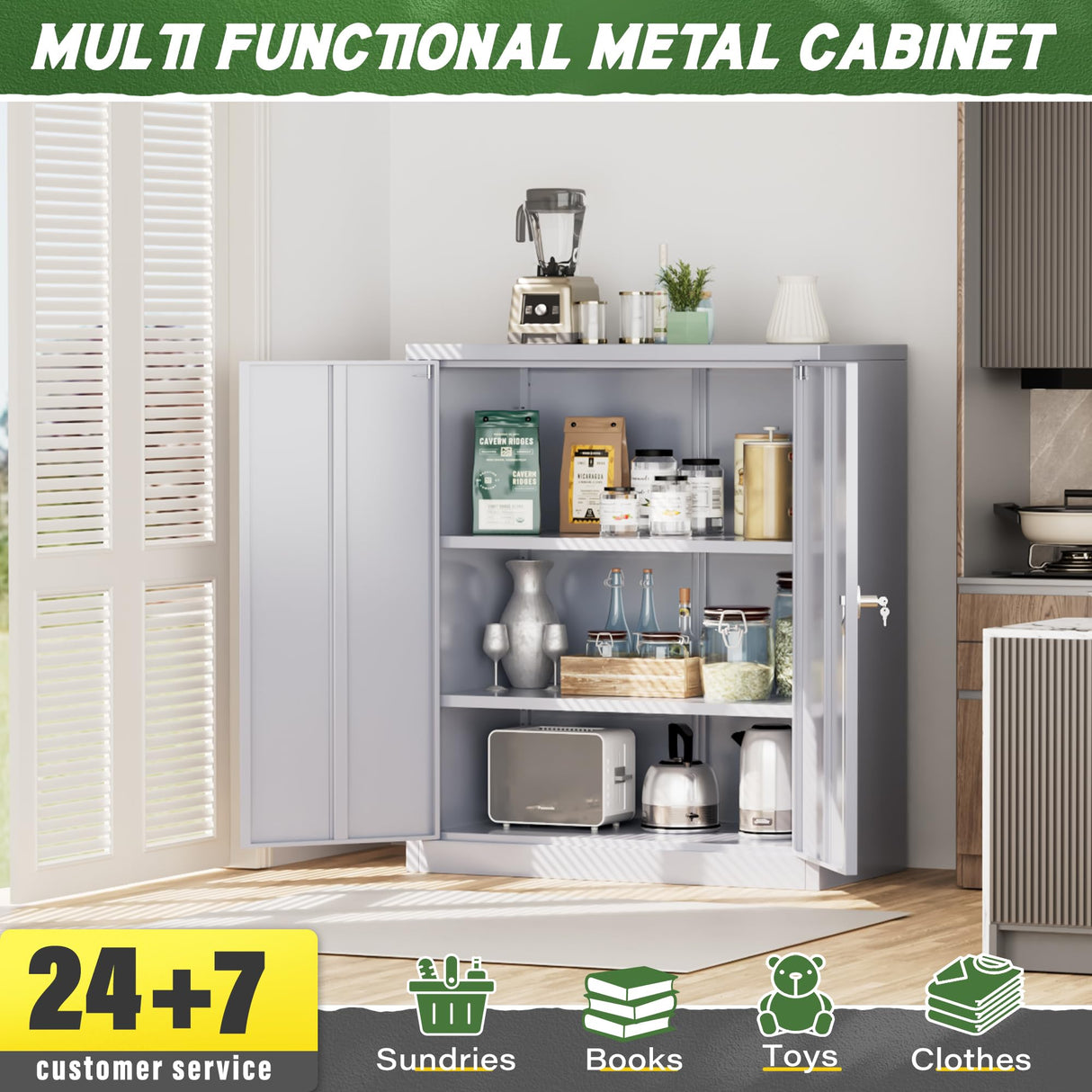 Greenvelly Metal Storage Cabinet,42" Lockable Storage Cabinet with Doors and Adjustable Shelves, Locking File Cabinet for Garage,Home,School,Pantry(Dark Grey) Greenvelly