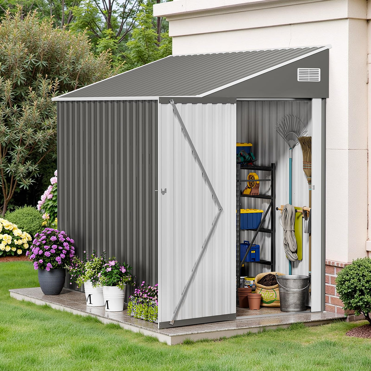 NicBex Heavy-Duty Lockable 4x8 Lean to Metal Shed - Weather Resistant Outdoor Lean to Shed with Vents & Door - Grey, Wall Side Design Sheds for Lawn Mowers, Bikes, Firewood & Animal Shelters NicBex