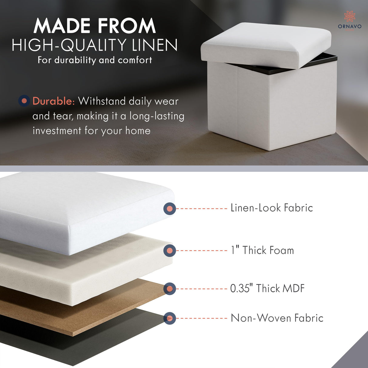 Ornavo Home Small Storage Ottoman Foldable Collapsible Cube Square Linen Ottoman Foot Rest Stool Seat, for Living Room, Bedroom, Home Office, Dorm - 12 x 12 x 12, White Ornavo Home