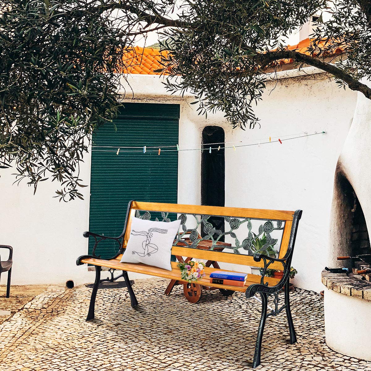 Giantex 50'' Patio Park Garden Bench, Outdoor Furniture Rose Cast Iron Hardwood Frame Porch Loveseat for 2 Person Outdoor Clearance Giantex