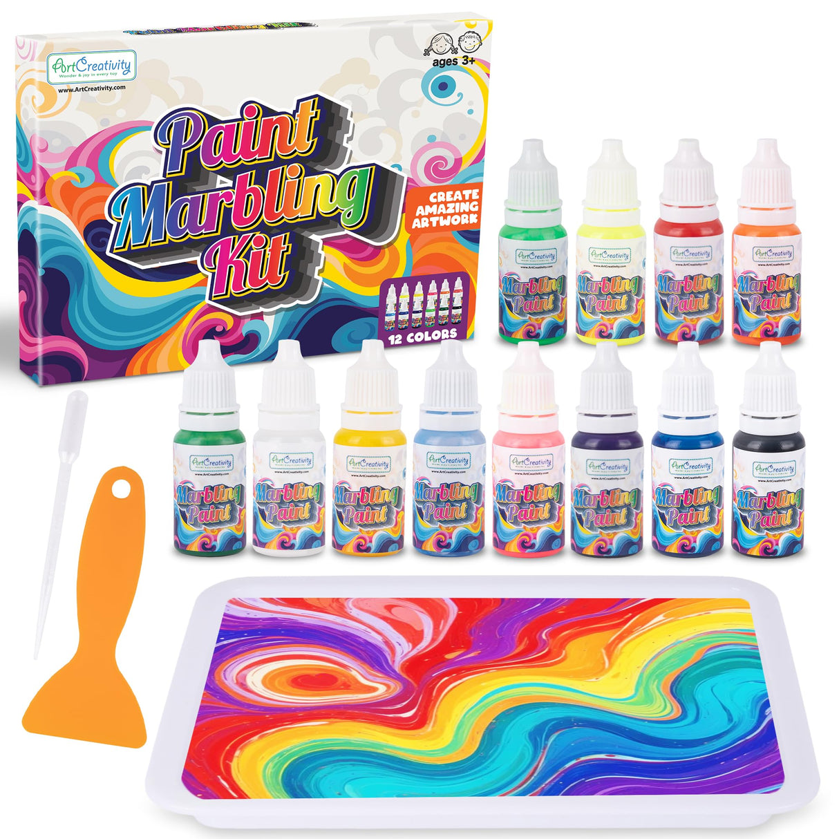 ArtCreativity Water Marbling Paint Art Kit for Kids - Complete Set with 12 Paint Colors, 10 Bags Thickening Powder, 10 A5 Papers, and More - Marble Art Painting Kit - Crafts for Kids Ages 3 and Up ArtCreativity