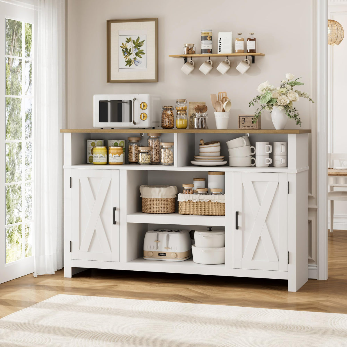 HOSTACK 55'' Sideboard Buffet Cabinet with Storage, Barn Doors Coffee Bar Station, Wood Kitchen Storage Cabinet with Shelves, Modern Farmhouse Console Table for Dining Room, Living Room, White HOSTACK