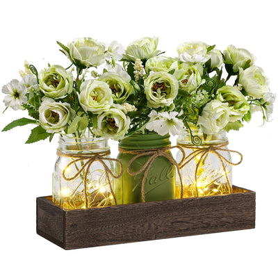 DUOER 3 Pcs Mason Jar Centerpiece Table Decorations for Dining Farmhouse Coffee Table Decor with Wood Tray and Led Light Table Centerpieces for Dining room Kitchen Living Bathroom,Green