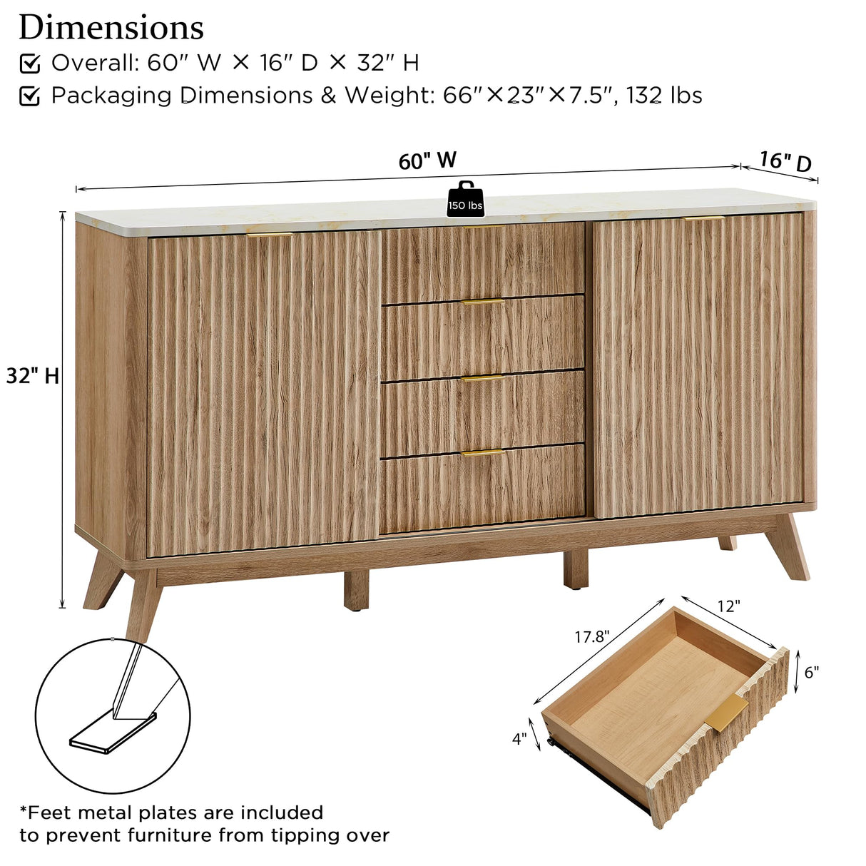 T4TREAM Fluted Buffet Cabinet, 60" Modern Sideboard with Sliding Doors & 4 Drawers, Coffee Bar Table with Storage, Faux Marble Top and Curved Profile Design for Dining Room, Living Room, Natural Oak T4TREAM