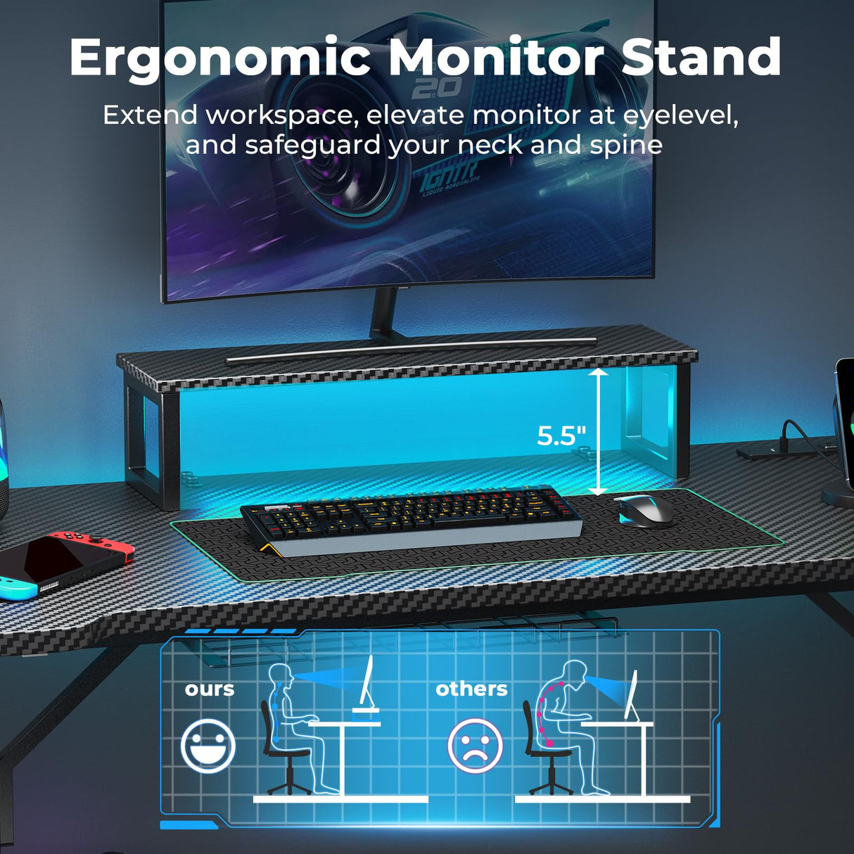 DOMICON Small Gaming Desk with LED Lights & Power Outlets, 55 Inch Computer Desk with Monitor Stand, PC Gaming Table with Carbon Fiber, Black DOMICON