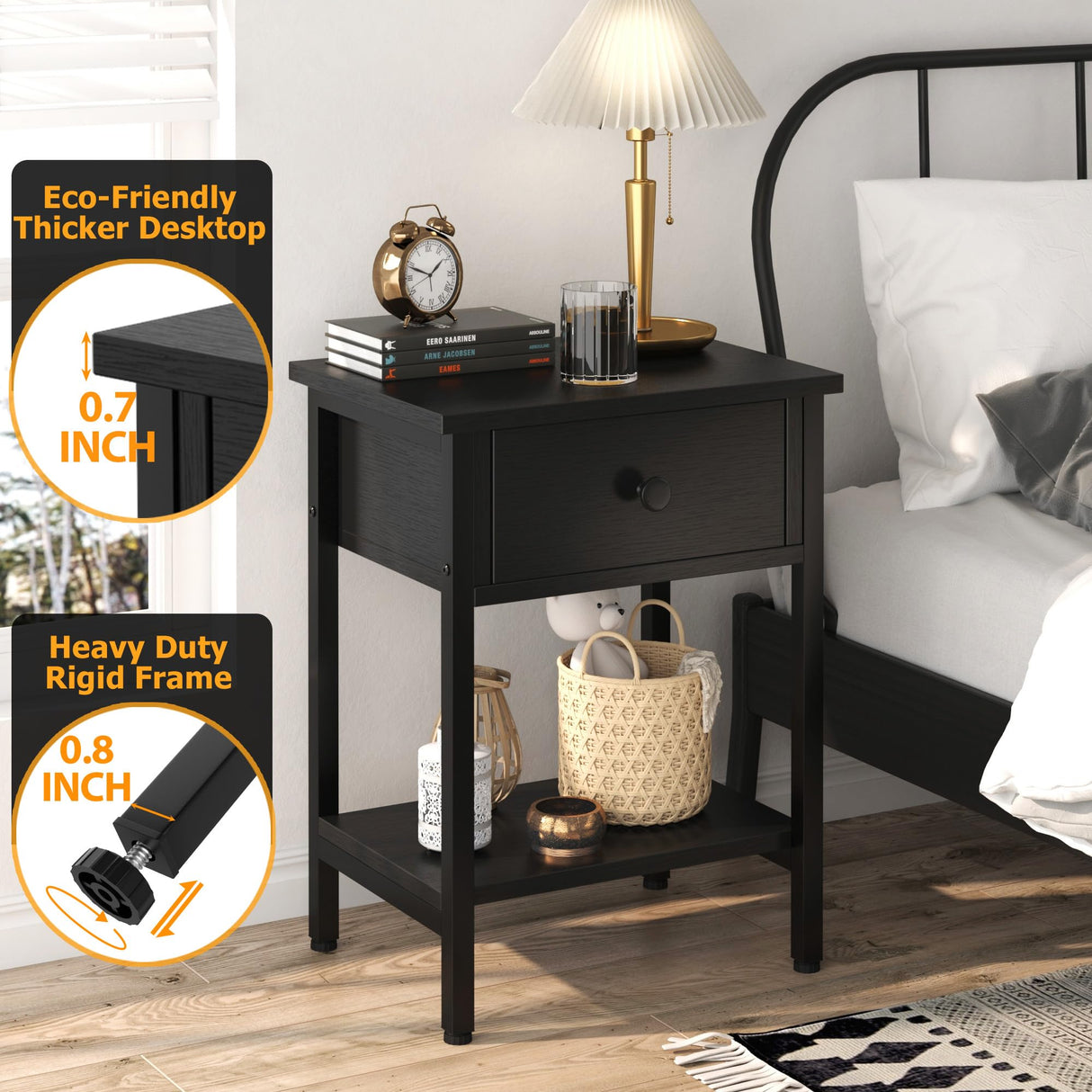 Nightstands Set of 2 with Drawers, Bedside Table Set of 2 with Storage Shelf, Heavy Duty End Side Table for Living Room Bedroom Small Space Sofa Couch, Wood Metal Night Stand, Easy to Assemble, Black CALERTAIN