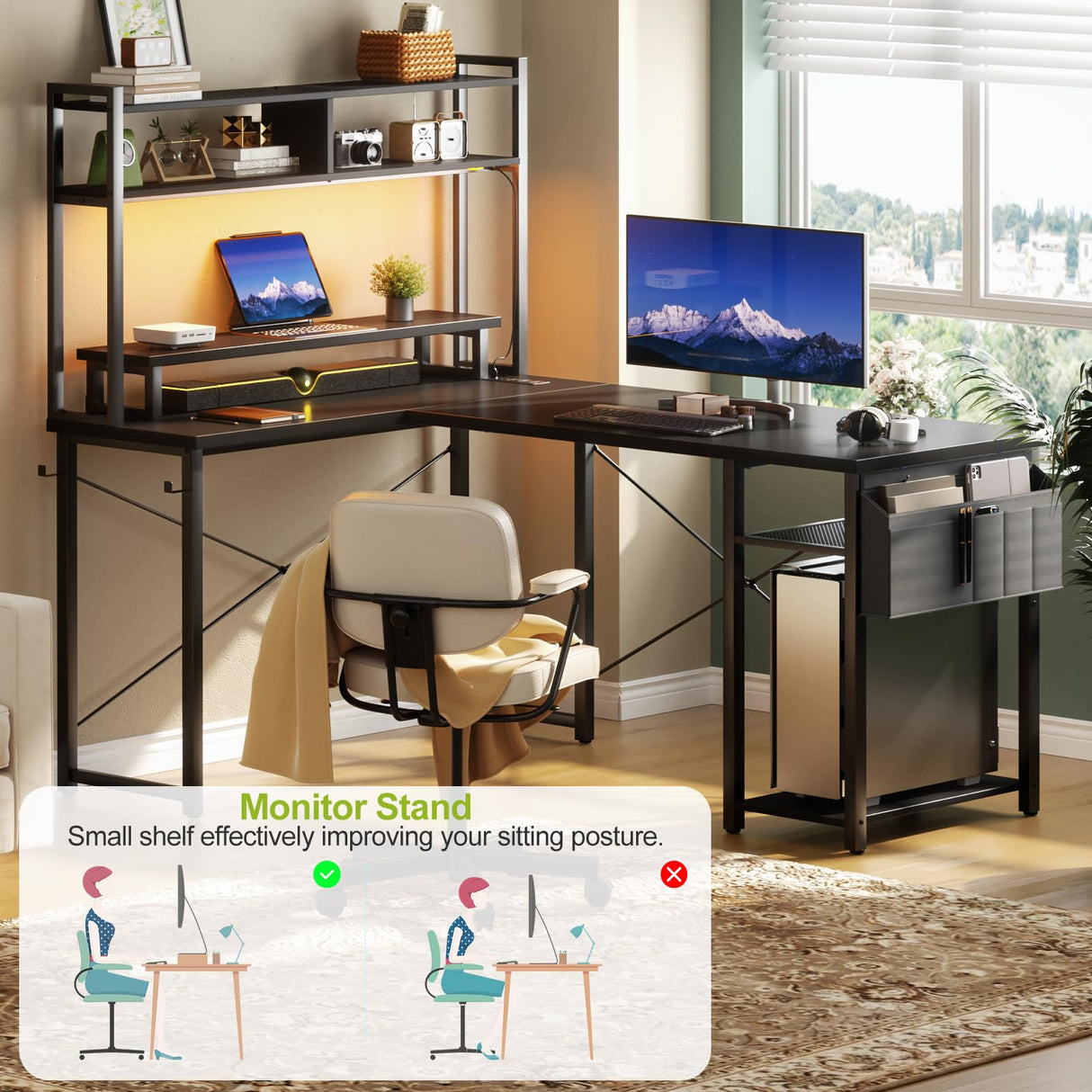 Besiost Small L Shaped Desk Gaming Desk with Power Outlets, 48" Reversible L Shaped LED Computer Desk with Monitor Stand & Storage Shelf, Corner Gamer Desk Home Office Desk with Storage Bag, Black Besiost