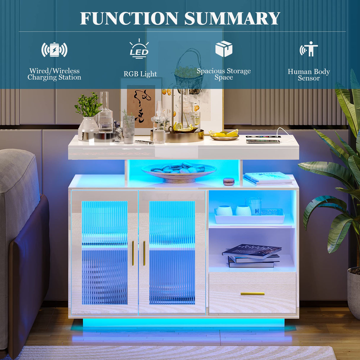 WOOVIVS 39.4" Modern LED Sideboard Buffet Cabinet with Charging Station, High Glossy Cupboard with Motion Sensor Light, Coffee Bar Storage Cabinet with Acrylic Panel for Living Room, Kitchen (White) WOOVIVS