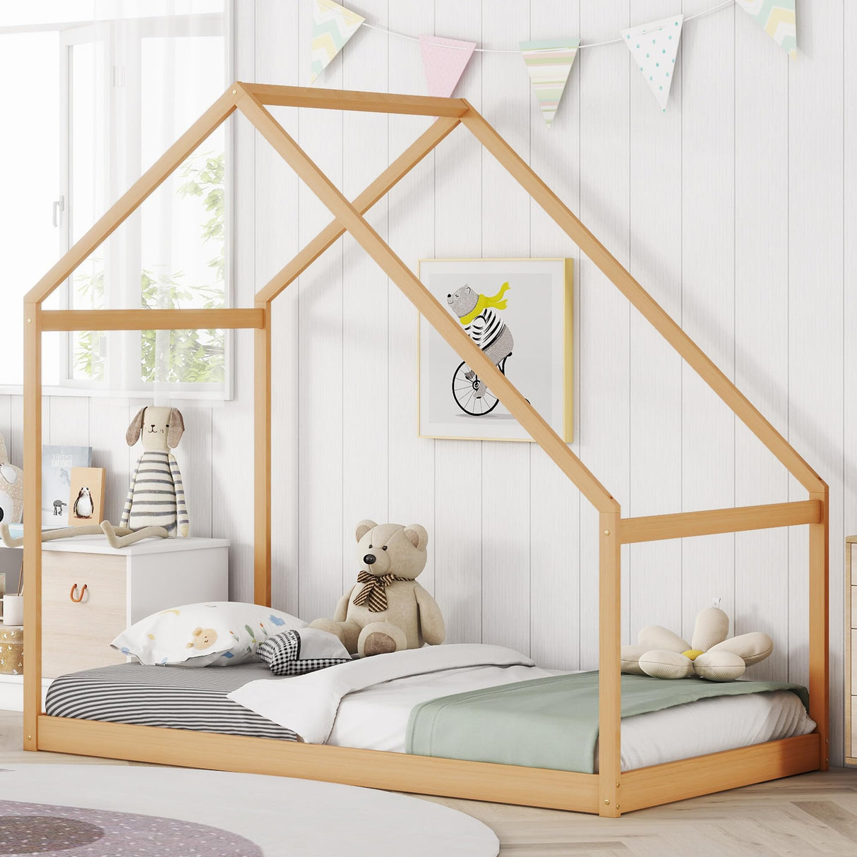Merax Kids Twin Bed Frame with Rooftop, Montessori Wooden House Design, Sturdy and Easy to Assemble Merax