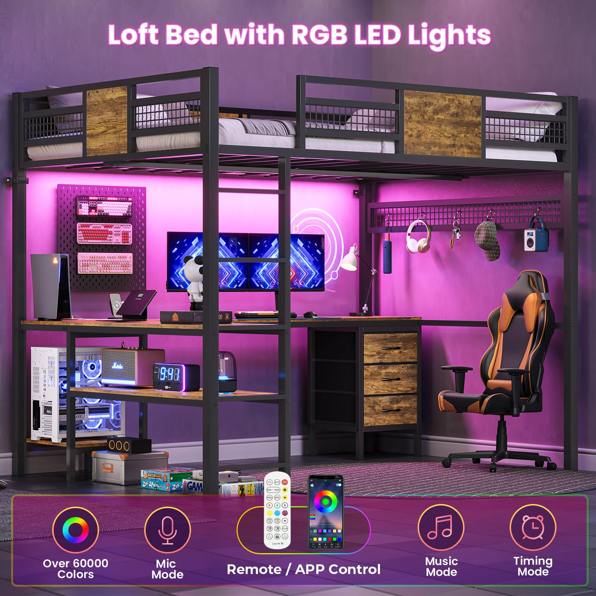 BTHFST Full Size Loft Bed with L-Shaped Desk and 3 Storage Drawers, LED Lights & Charging Station, Open Storage Shlef, Metal Loft Bed Frame with Solid Slats and Guardrail, Space Saving, Black BTHFST