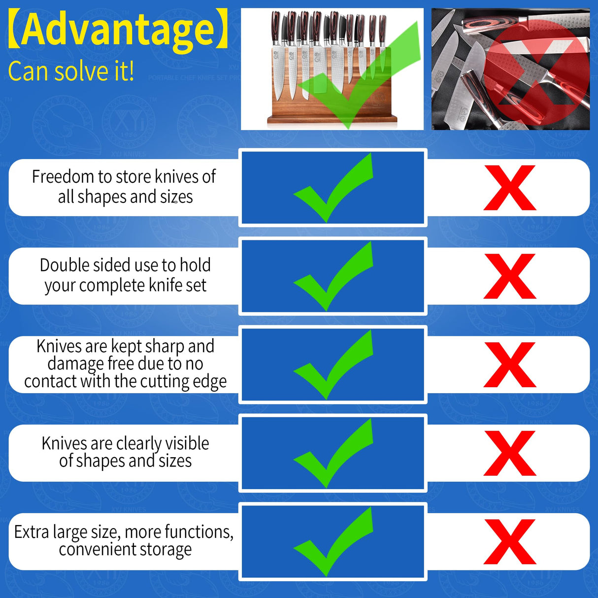 XYJ Extra Large Magnetic Knife Block Acacia Wood Knife Set Holder Stand With Stronge Magnetic Strip Kitchen Knives Storage Rack Organizer Tools No Drilling XYJ