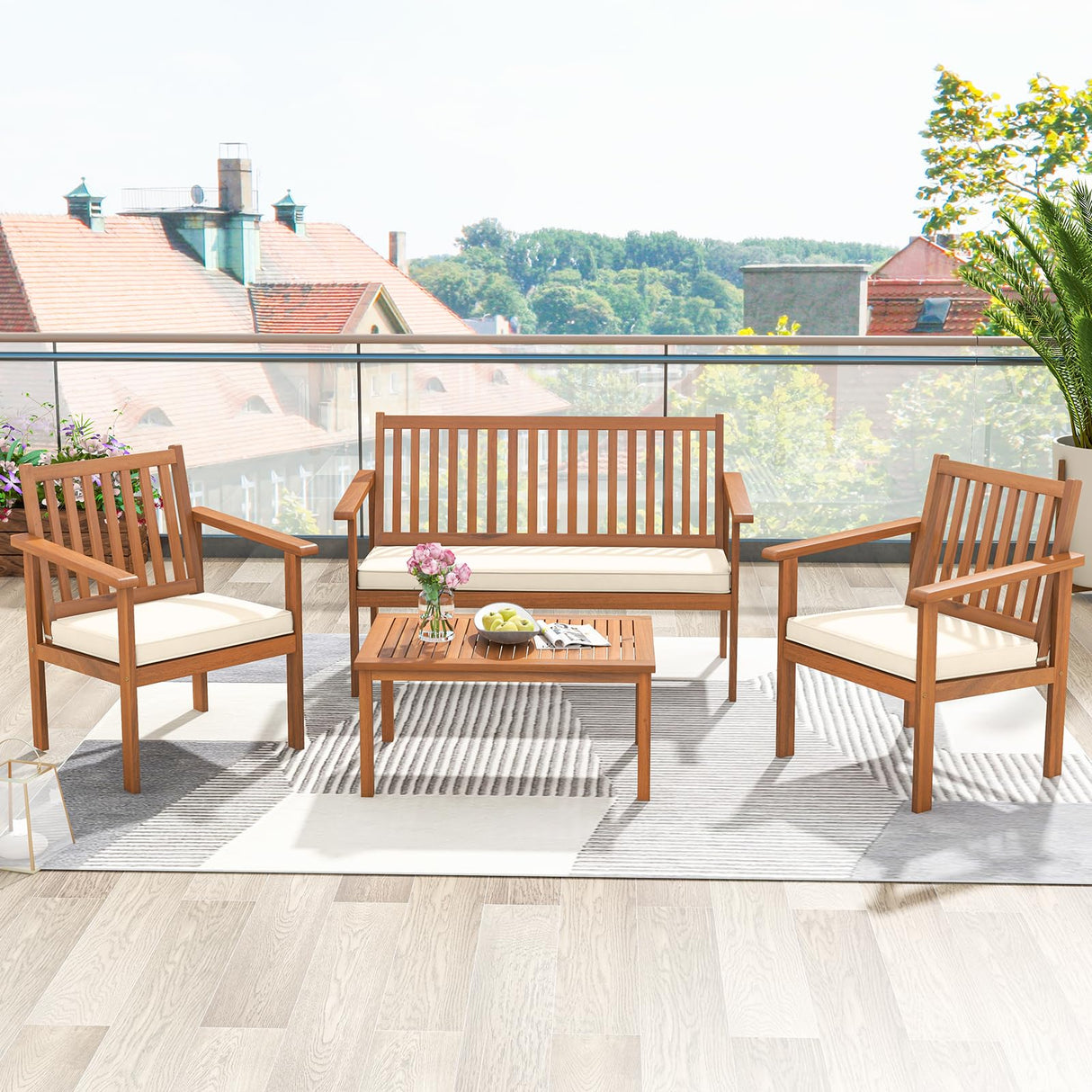 Tangkula 4 Piece Patio Wood Furniture Set, Acacia Wood Sofa Set w/Loveseat, 2 Chairs & Coffee Table, Soft Seat Cushions, Outdoor Wood Furniture Set for Porch, Yard, Balcony (Off White) Tangkula