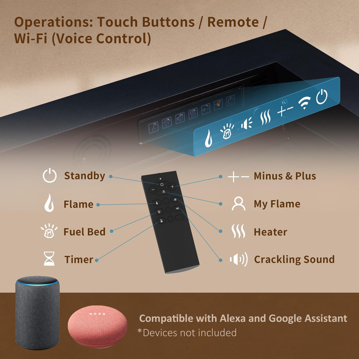 PuraFlame Bernice 60 Inch Smart Linear Electric Fireplace - Clean Hidden Vent Design, Flame with 9 Colors, Recessed in-Wall or Wall-Mount or Free Standing, Compatible with Alexa and Google Assistant PuraFlame