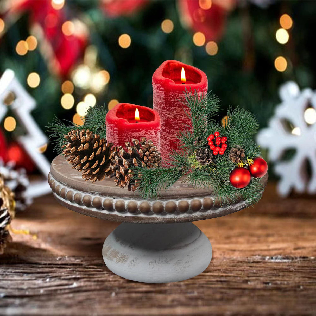 dwellington White Wash Round Display Wood Riser, 8.25” Shabby Chic Pedestal Tray Decor with Beads, Farmhouse Display Stands for Coffee Bar, Bathroom, Kitchen Island dwellington