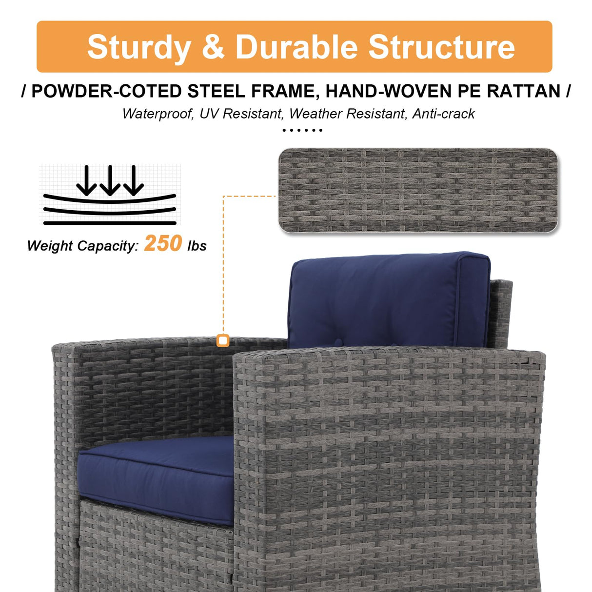 Super Patio 8 Pieces Outdoor Patio Furniture Set with 45” Fire Pit Table, Rattan Patio Conversation Sets with 50000 BTU Gas Fire Pit, Sectional Sofa Set with Storage Box, Navy Blue (Without Table) Super Patio