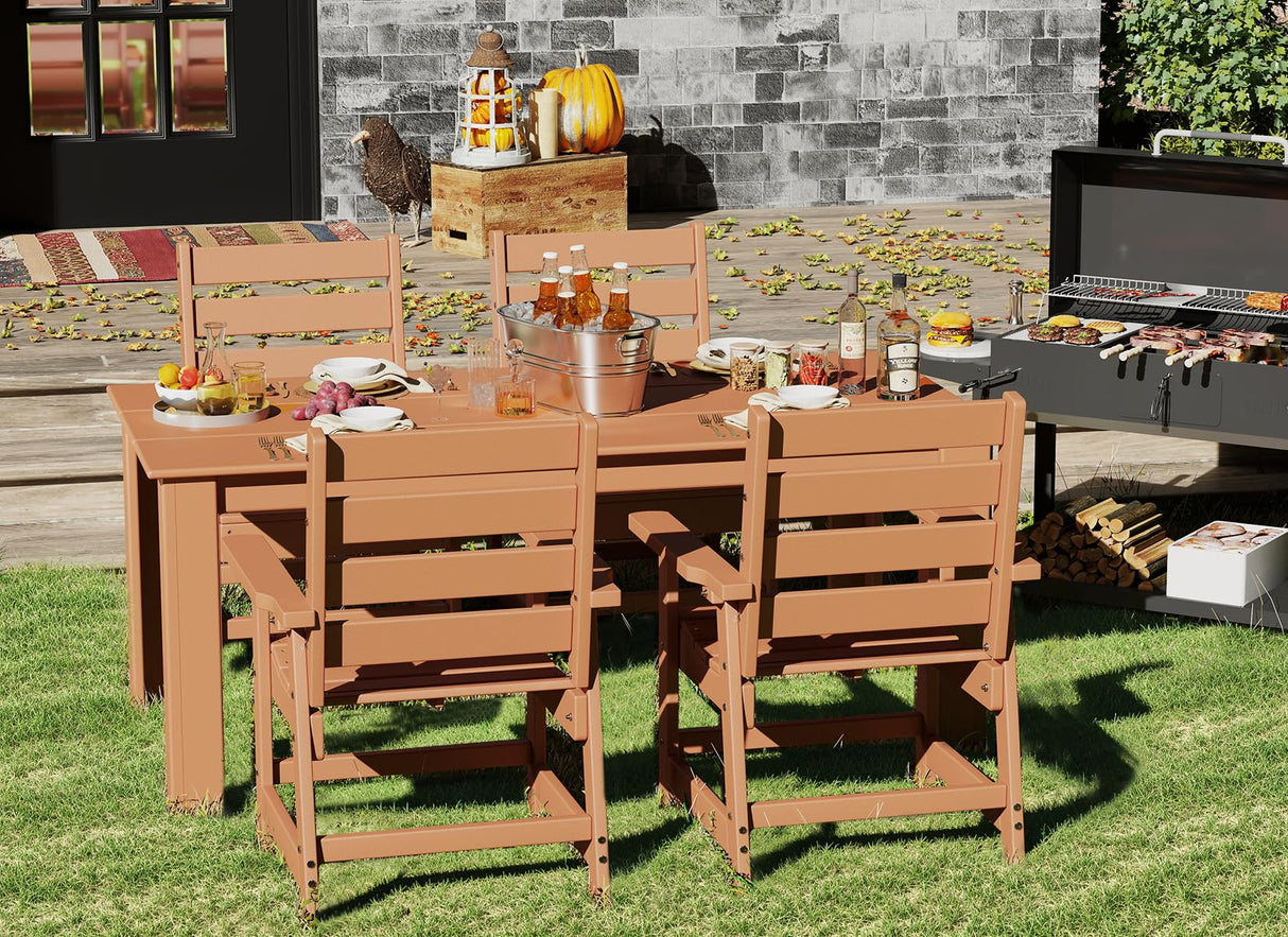 GREENVINES 7-Piece Outdoor Dining Set | HDPE | Patio Table and Chairs Sets for 6 | Patio Furniture | All Weather | Umbrella Hole | Teak | for Backyard Poolside Garden GREENVINES