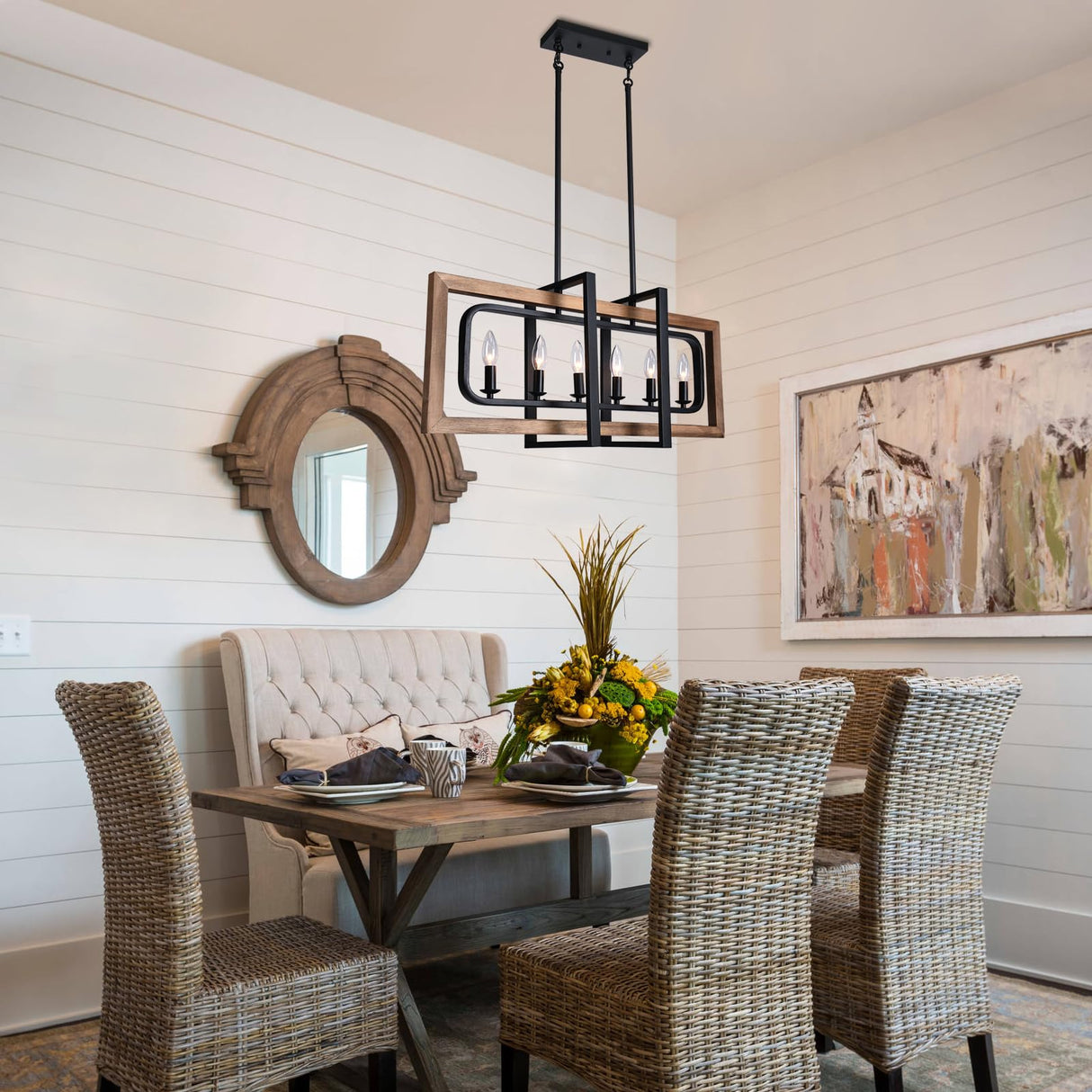 Lingkai Farmhouse Chandelier Rustic Kitchen Island Light Fixture, Industrial Pendant Lighting Fixtures Wood and Metal for Dining Room Pool Table Lingkai