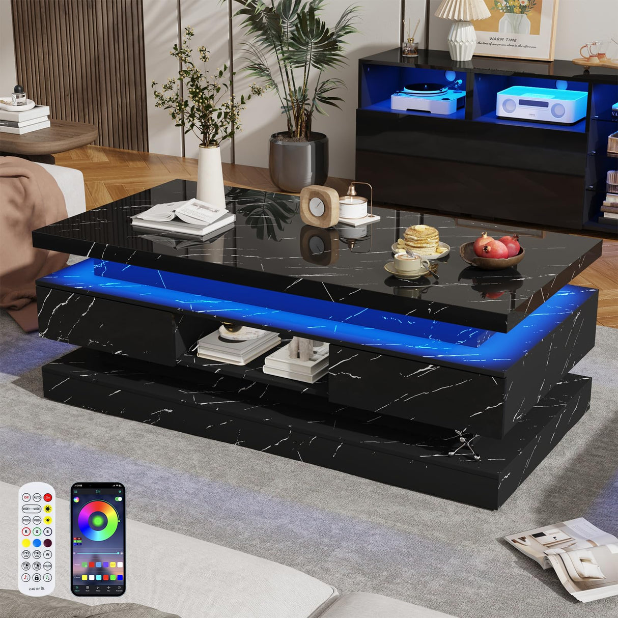 47.2 inch Modern High Glossy LED Coffee Table with 2 Sliding Drawers, Double-Layer Center Tables with LED Lights for Livings Room Furniture, Black chartustriable
