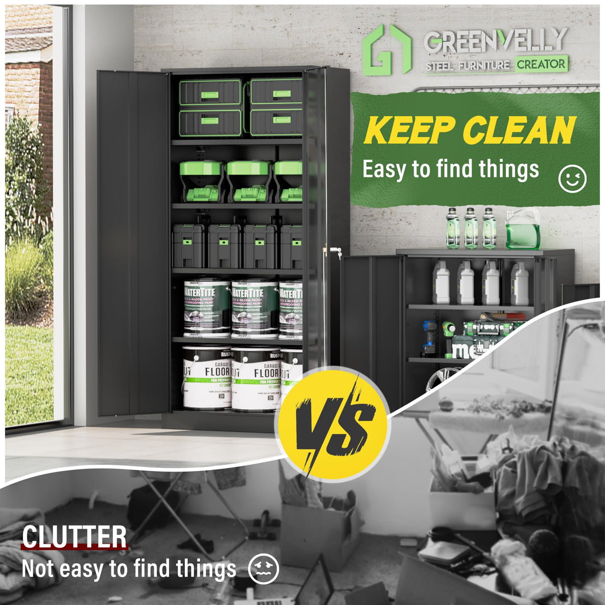 Greenvelly Metal Cabinet with Lock,72" Metal Storage Cabinet with 2 Doors and 4 Adjustable Shelves, Locking Cabinet for Home Office, Garage(32" W x 16" D) Greenvelly