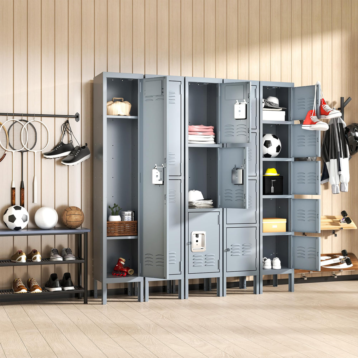 BIZOEIRON 4 Doors Locker for Employees, Metal Locker Storage Cabinet for Home Office School Gym, Lockable, Require Assembly (Grey) BIZOEIRON