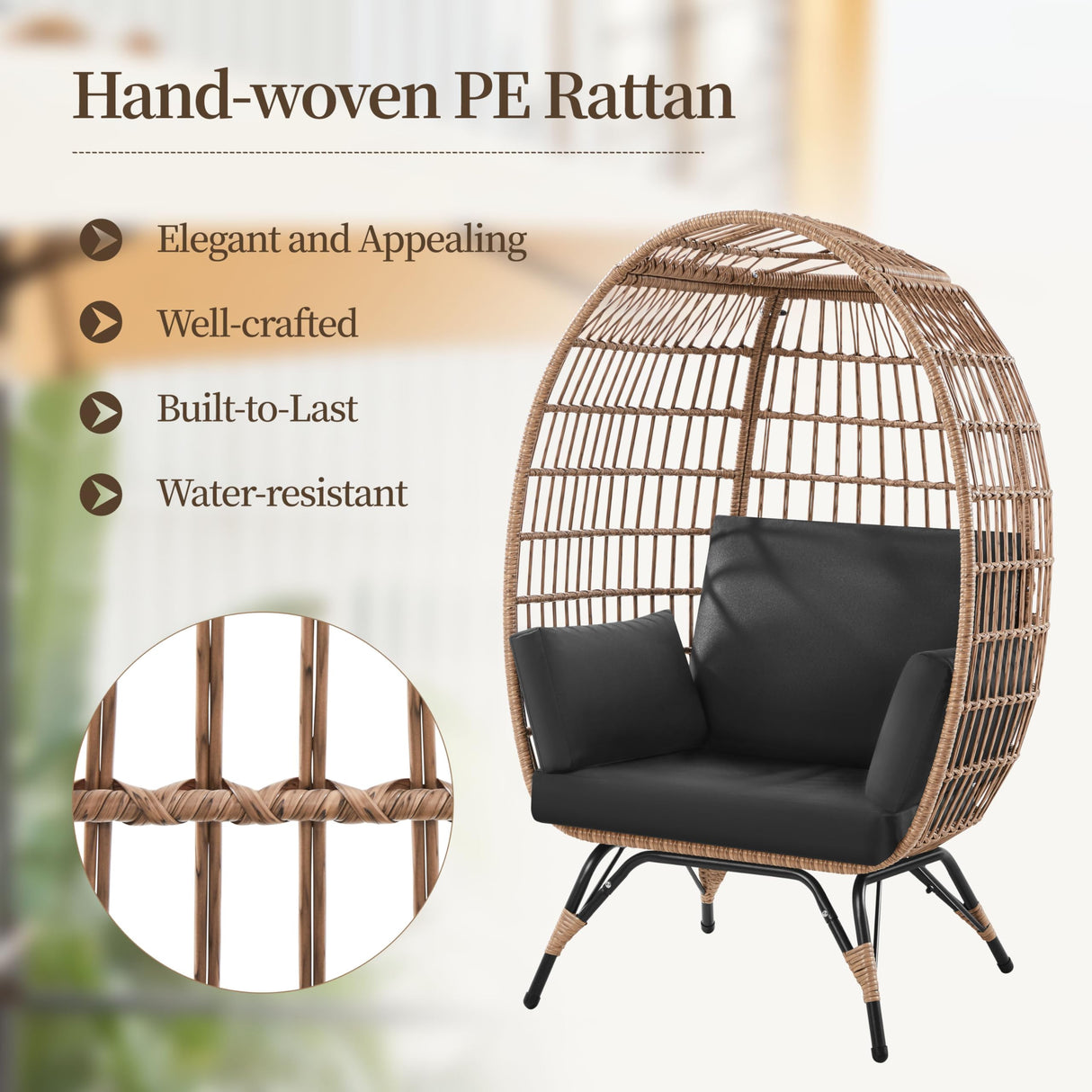 Yaheetech Egg Rattan Chair, Indoor/Outdoor PE Rattan Egg Basket Lounge Chair w/ 4 Cushions, Oversized Egg-Shaped Chair w/Metal Frame Stand for Patio, Backyard, Living Room - Light Brown/Black Yaheetech
