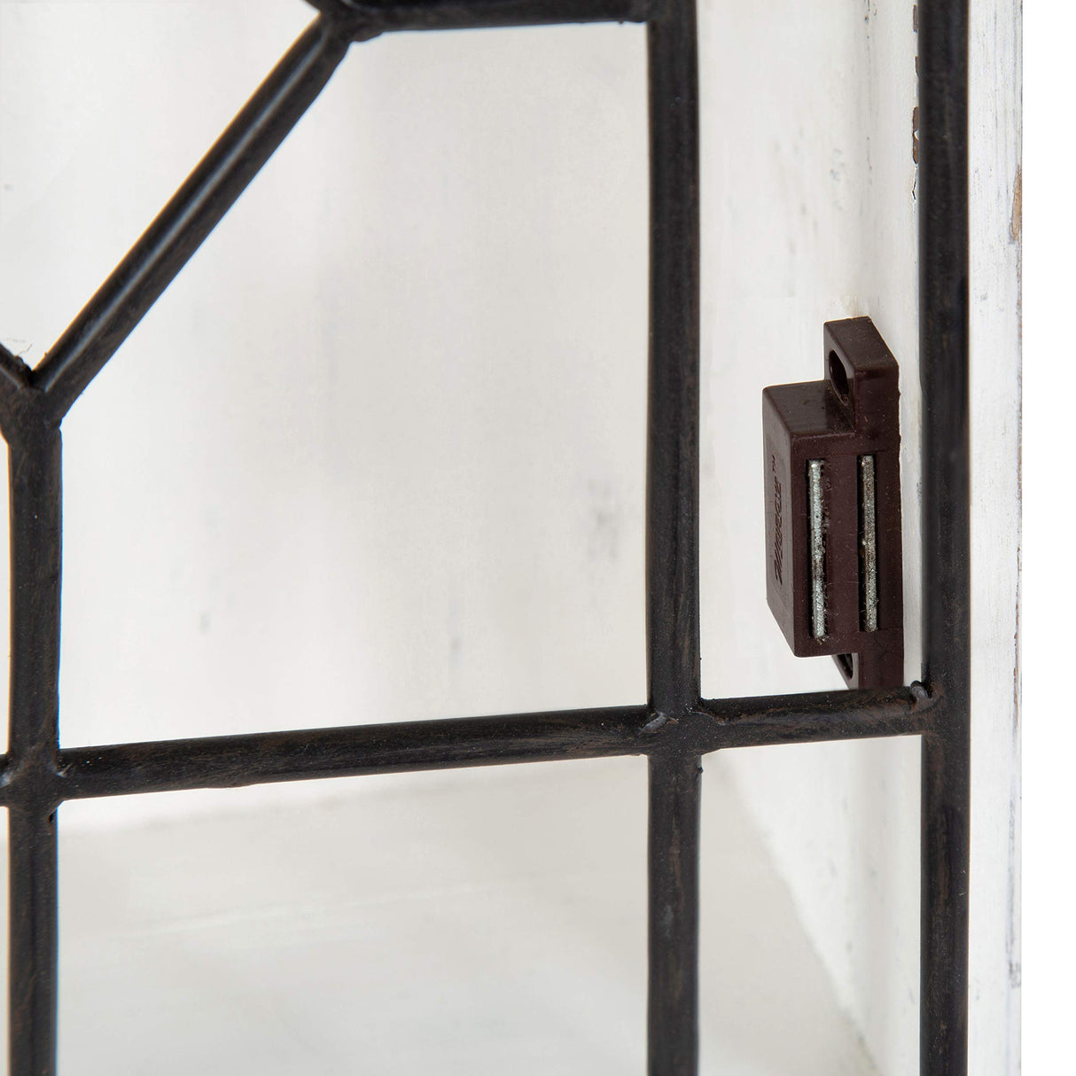 Kate and Laurel Megara Decorative Wooden Wall Hanging Curio Cabinet for Open Storage with Decorative Black Iron Door, Whitewash Finish Kate and Laurel