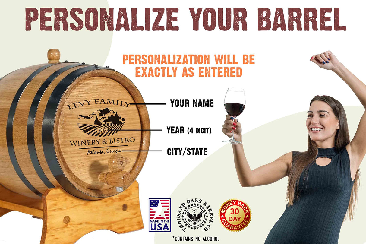 Personalized 1 Gallon Oak Wine Barrel with Stand, Bung, and Spigot (5 liter) | Age Cocktails, Wine, Mead and More! | Custom Engraved Vineyard Bistro THOUSAND OAKS BARREL