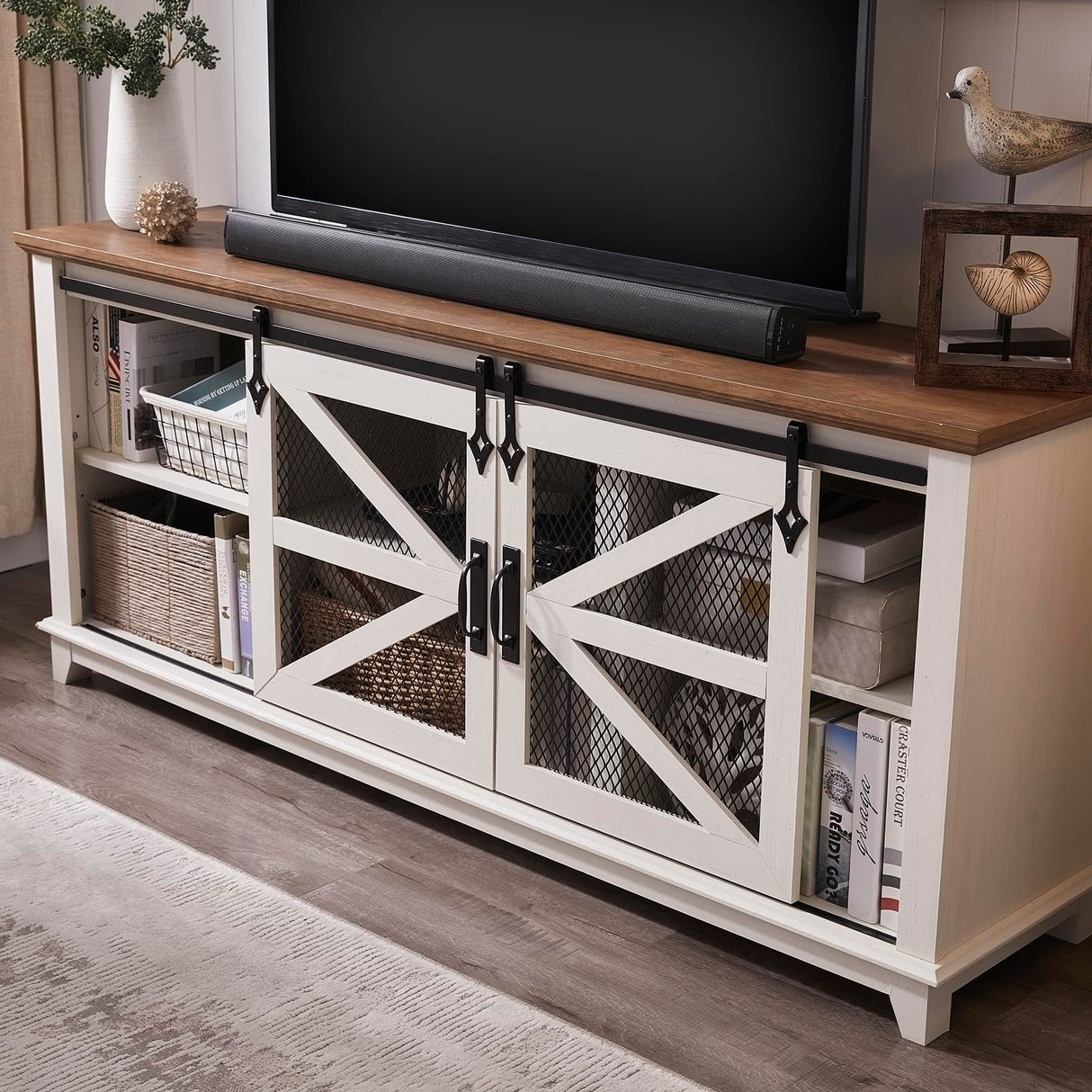 OKD Farmhouse TV Stand for 75 Inch TV, Industrial & Farmhouse Media Entertainment Center w/Sliding Barn Door, Rustic TV Console Cabinet w/Adjustable Shelves for Living Room, Antique White OKD