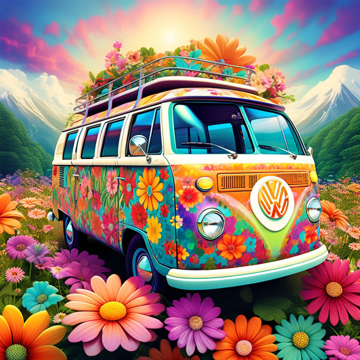 mrpwnle Flowers Bus Diamond Painting Kits for Adults-Flowers Bus Diamond Art Kits for Adults,5D Diamond Painting Bus,DIY Full Drill Diamond Painting Flower Gem Art and Crafts Kits 12x12inch mrpwnle