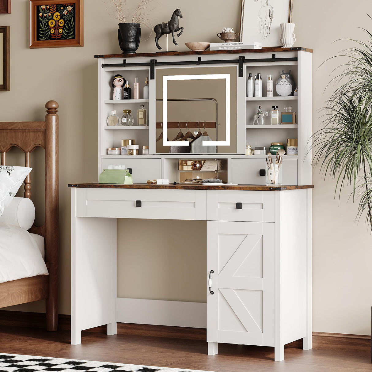 White Vanity with 4 Drawers & Shelves, 42.1'' Farmhouse Makeup Vanity Desk Featuring a Sliding Mirror and Lights, a Rustic Big Vanity Set Suitable for The Bedroom. wanan