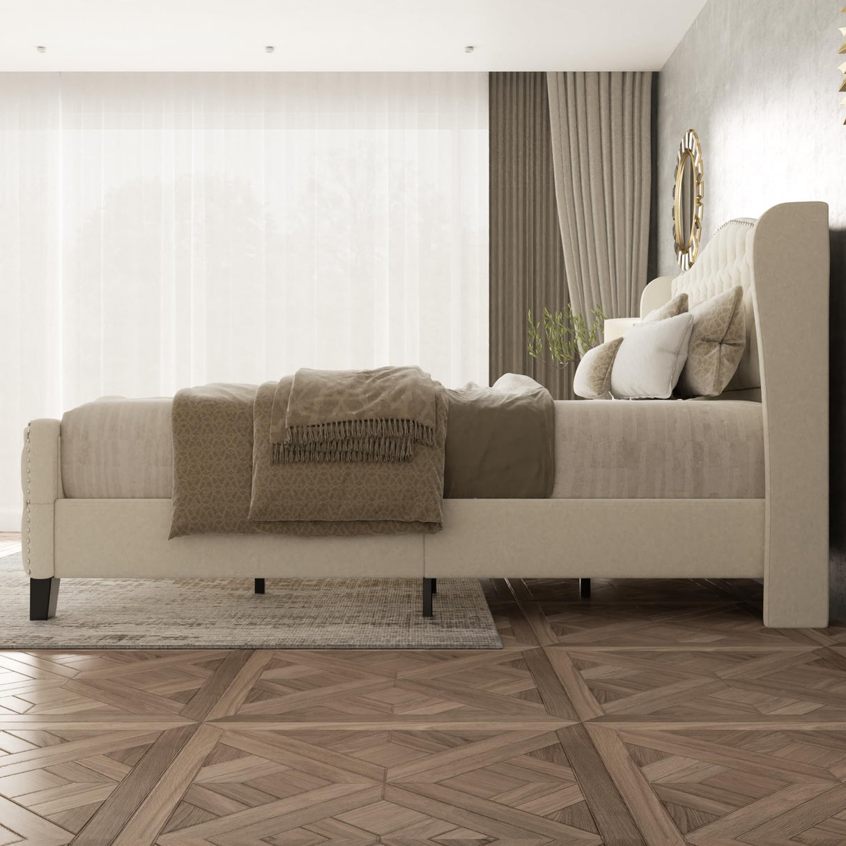 SwnftWinnt Queen Bed Frame Velvet Upholstered Platform Bed Frame with Button Tufted Tall Wingback Headboard, Low Profile, Nailhead Trim, No Box Spring Needed, Noise Free, Beige SwnftWinnt